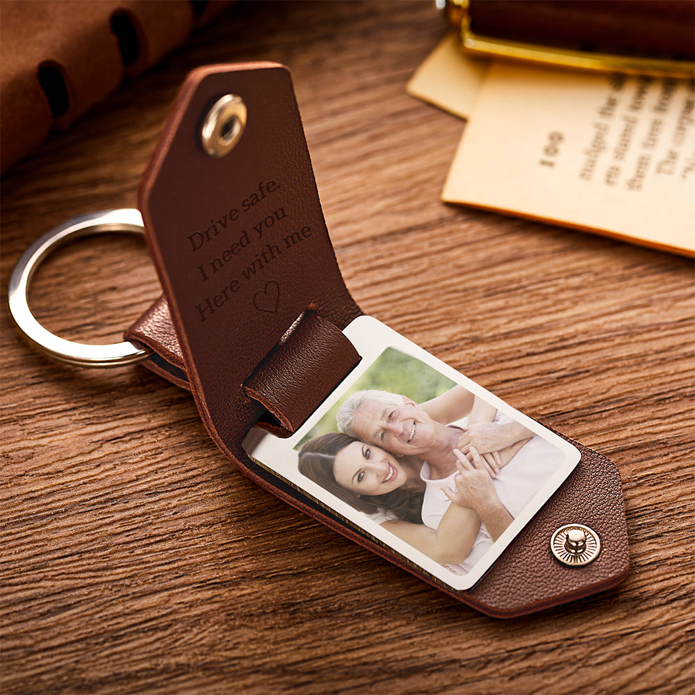 Father's Day Keychain Drive Safe Photo Keychain Custom Leather Keyring with Text Gifts for Dad