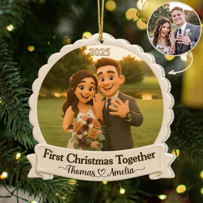 Personalized First Christmas Married Ornament, Custom Couples Photo Figure Ornament, First Christmas Together Gift For Him, Newlywed Gift