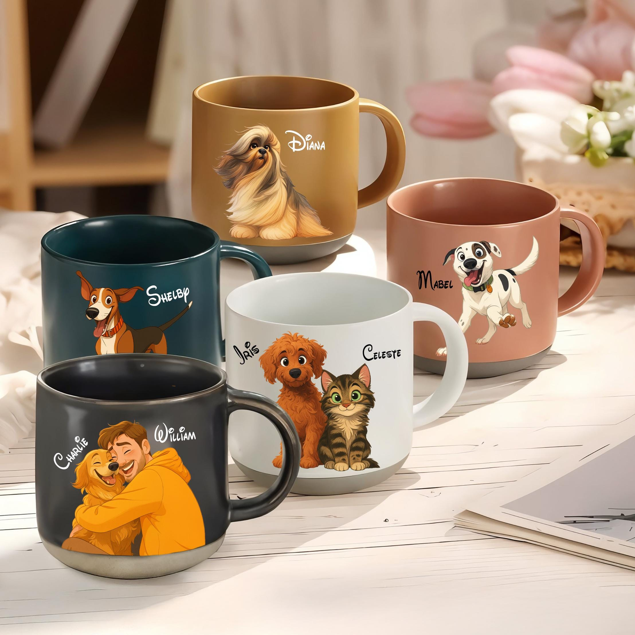 Custom Couple Portrait With Pet, Cat Portrait, Dog Portrait, Pet Memorial Art, Gift for Her, Custom Mug for Couple, Anniversary Gift for him