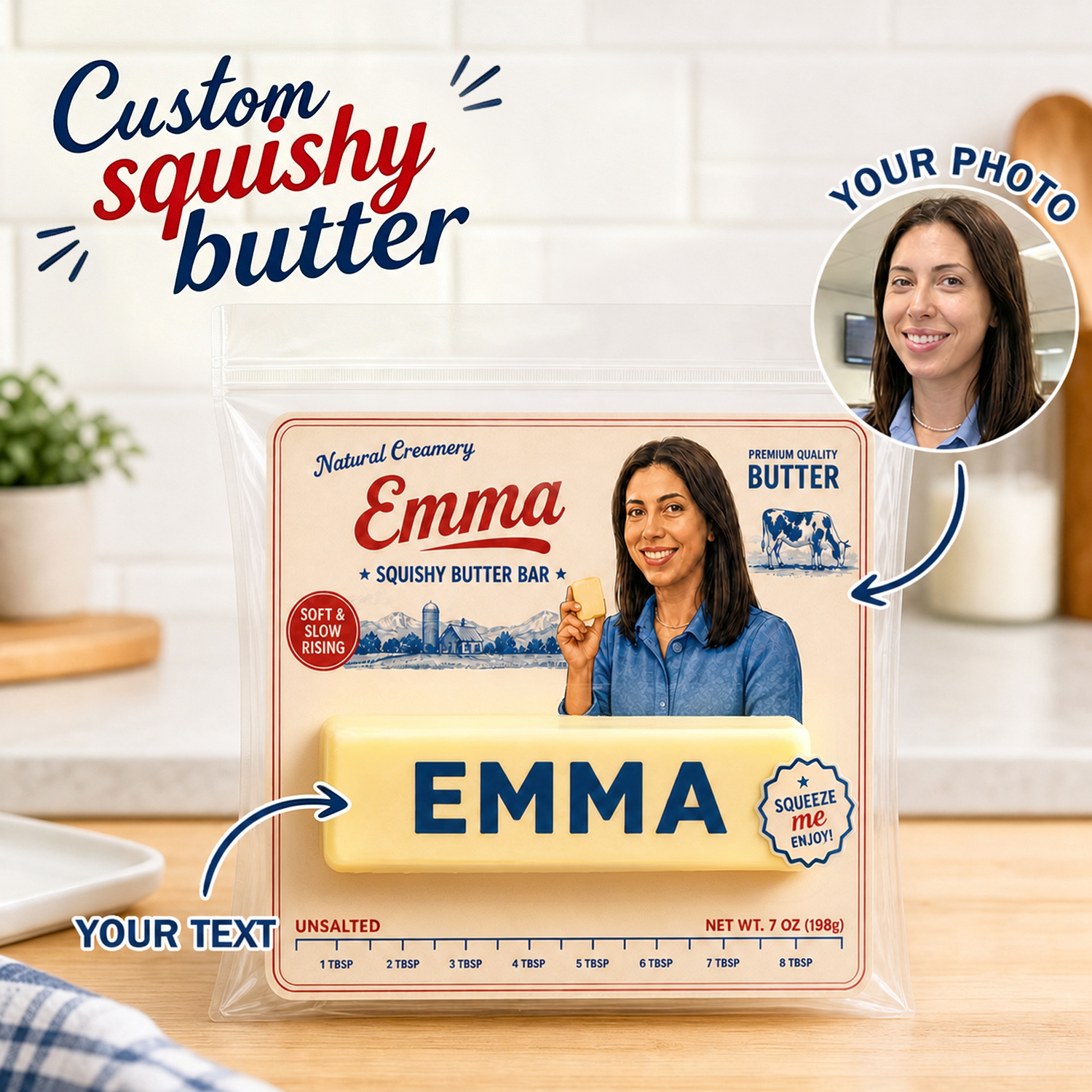Personalized Butter Squishy – Custom Butter Fidget Toy with Vintage Portrait Packaging, Collectible Sensory Toy for Fidget Trading