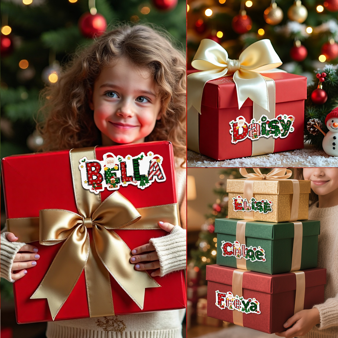 Personalized Santa & Elk Waterproof Name Stickers for Christmas Gifts & Party Favors