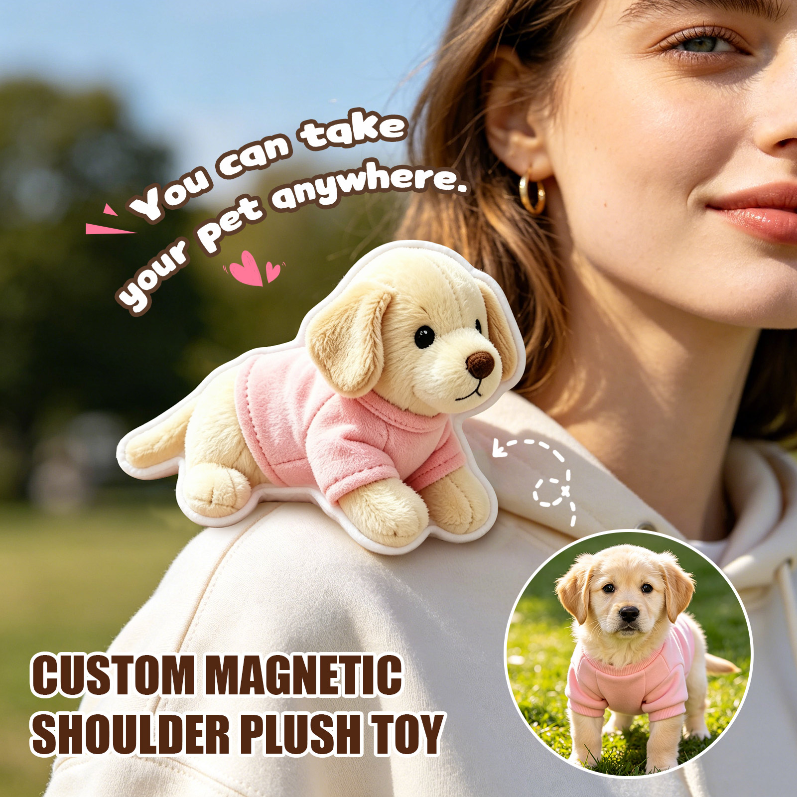 Custom Magnetic Shoulder Pet Plush – Personalized Pet Companion Shoulder Buddy with Custom Cat, Dog or Bird Design