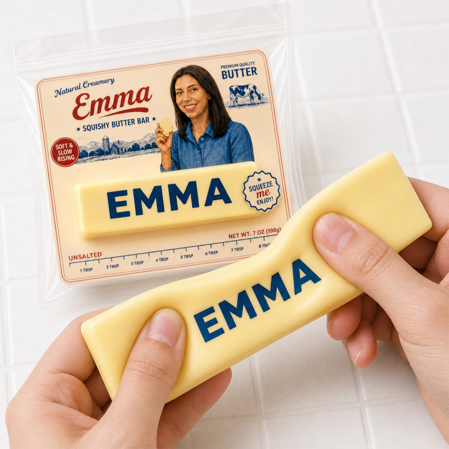 Personalized Butter Squishy – Custom Butter Fidget Toy with Vintage Portrait Packaging, Collectible Sensory Toy for Fidget Trading