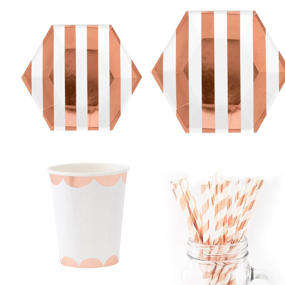 8 Guests Disposable Plates Set Stamped Rose Gold Striped Tableware Set for All Occasions - Giftlab