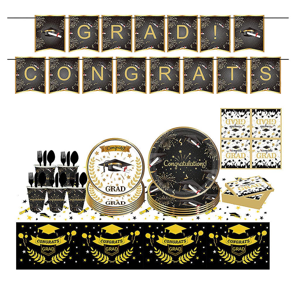 Graduation Disposable Plates Set Plates Napkins Cups Tablecloth Straws Banners for Congrats Grad Party Decorations - Giftlab