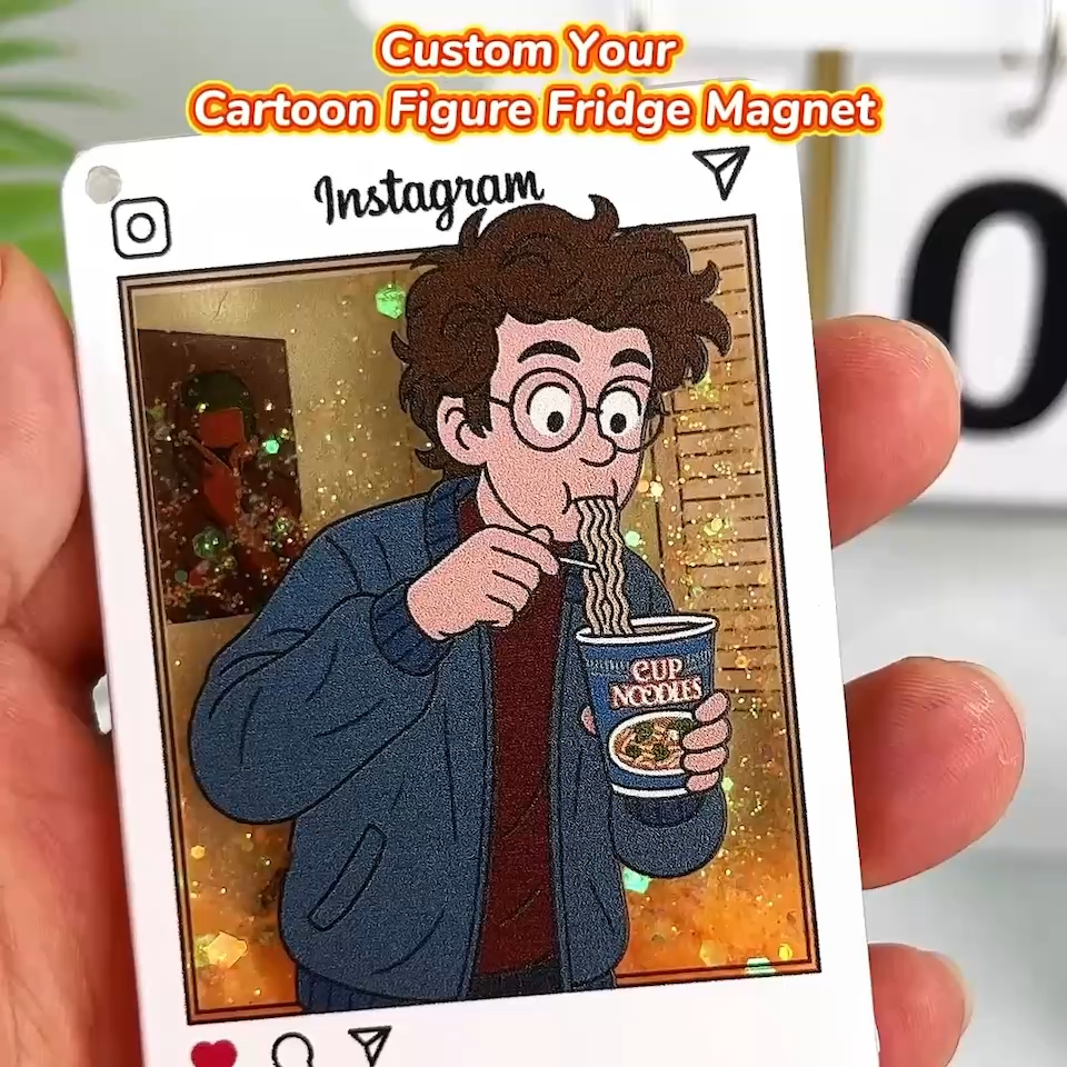 Custom Cartoon Photo Glitter Acrylic Fridge Magnet Instagram Style Personalized Gift