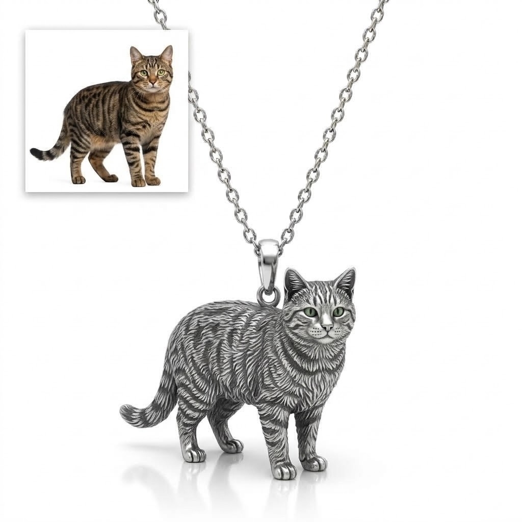 Personalized S925 Sterling Silver 3D Pet Pendant Necklace, Custom Photo to 3D Sculpted Dog & Cat Jewelry, Short Hair Cat Memorial Gift for Pet Mom - namenecklace