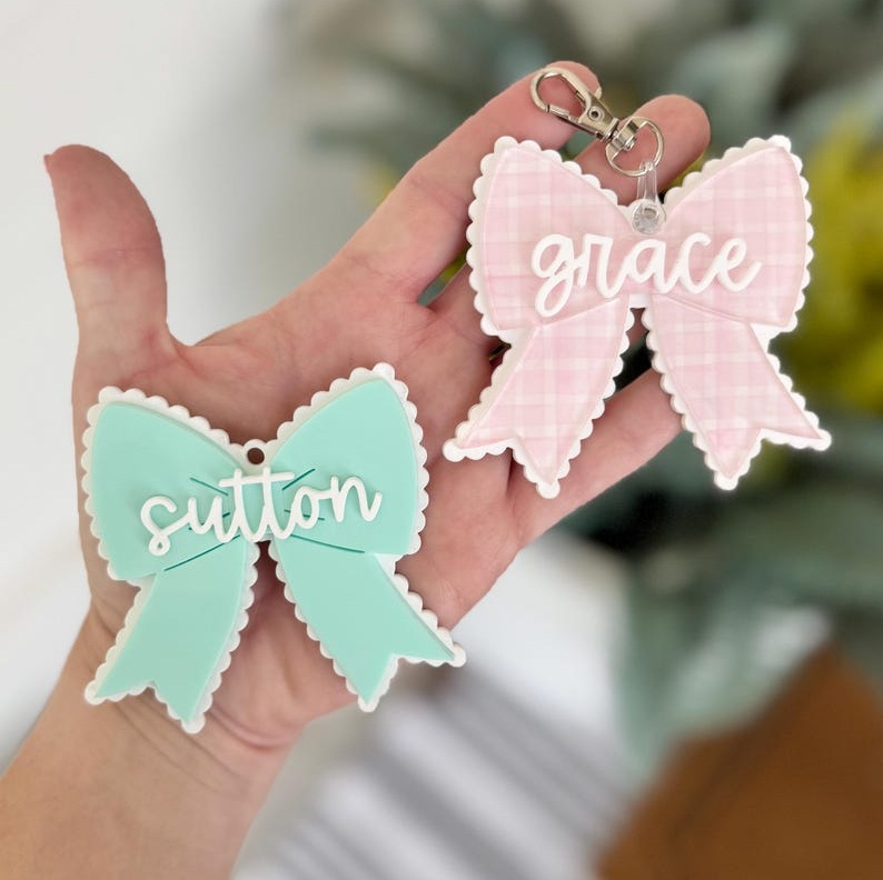 Scalloped Bow Backpack Name Tags - School Bookbag Lunch Box Name Tags - Personalized Name Thas