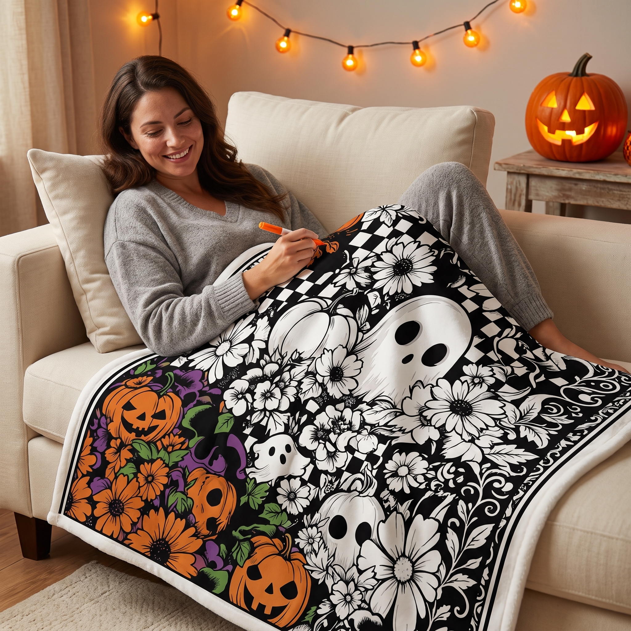 DIY Halloween Custe Ghost Drawing Blanket (Optional 24-Color Marker Set) Create Your Art Blanket Washable Keepsake Blanket for Kids & Adults