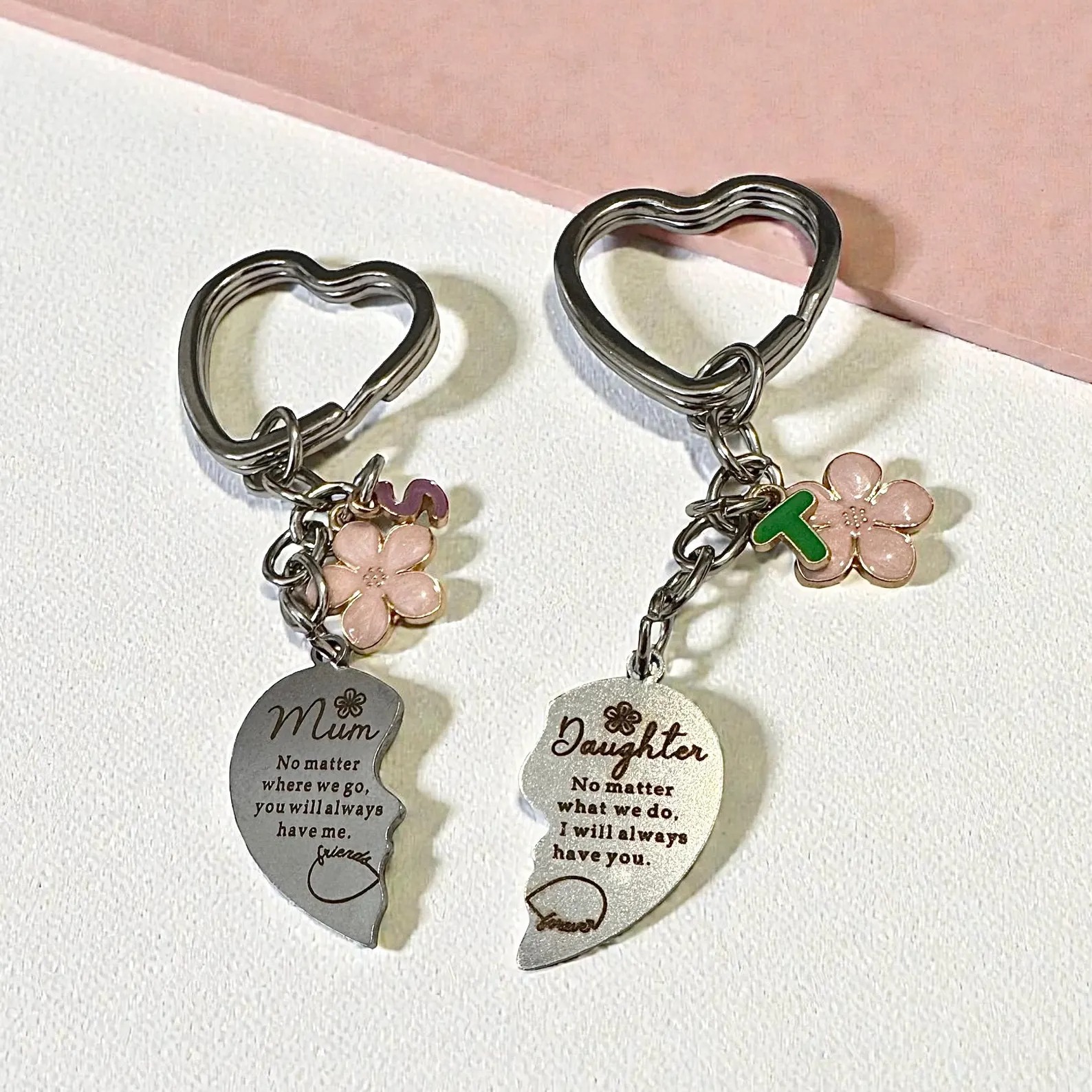 Personalised Mum & Daughter Matching Heart Keyrings with Initial Charm