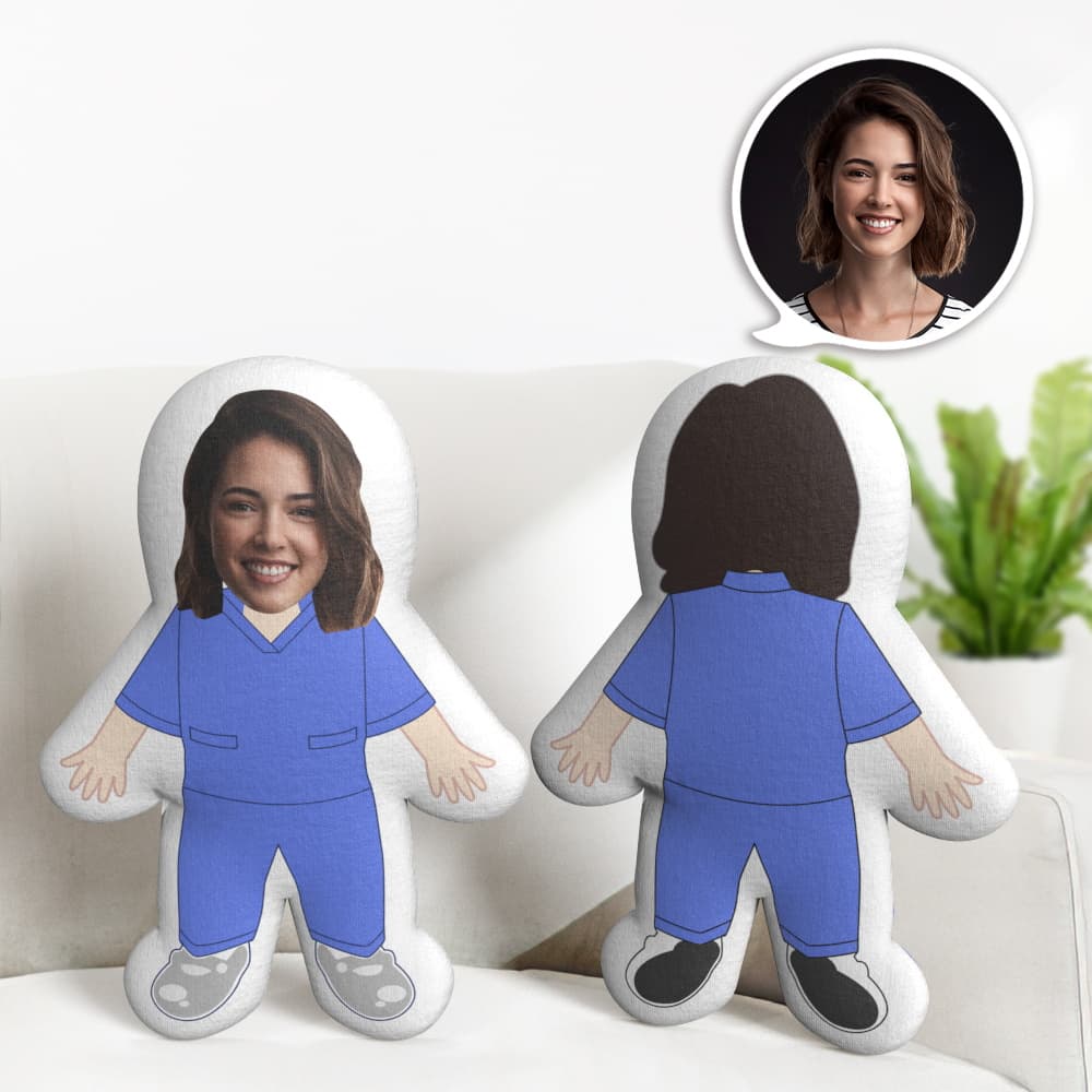 Custom Face Female Nurse in Blue Pillow Mini Me Doll Human Gift Personalized Face Doll Gift - Giftlab