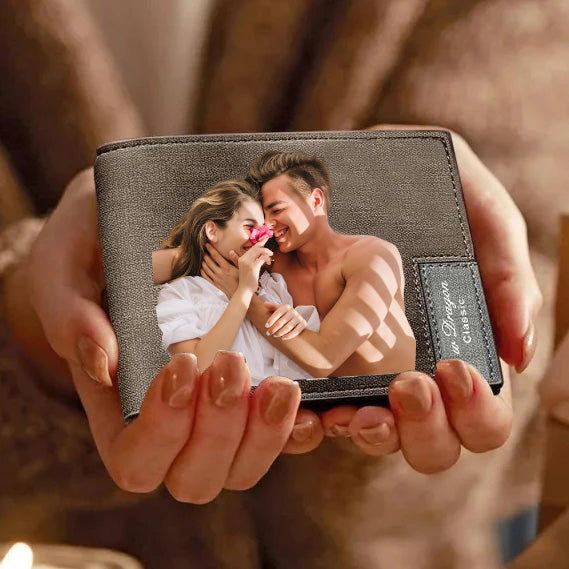 Valentine's Day Gifts Men's Bifold Short Custom Photo Wallet Brown Color Printing