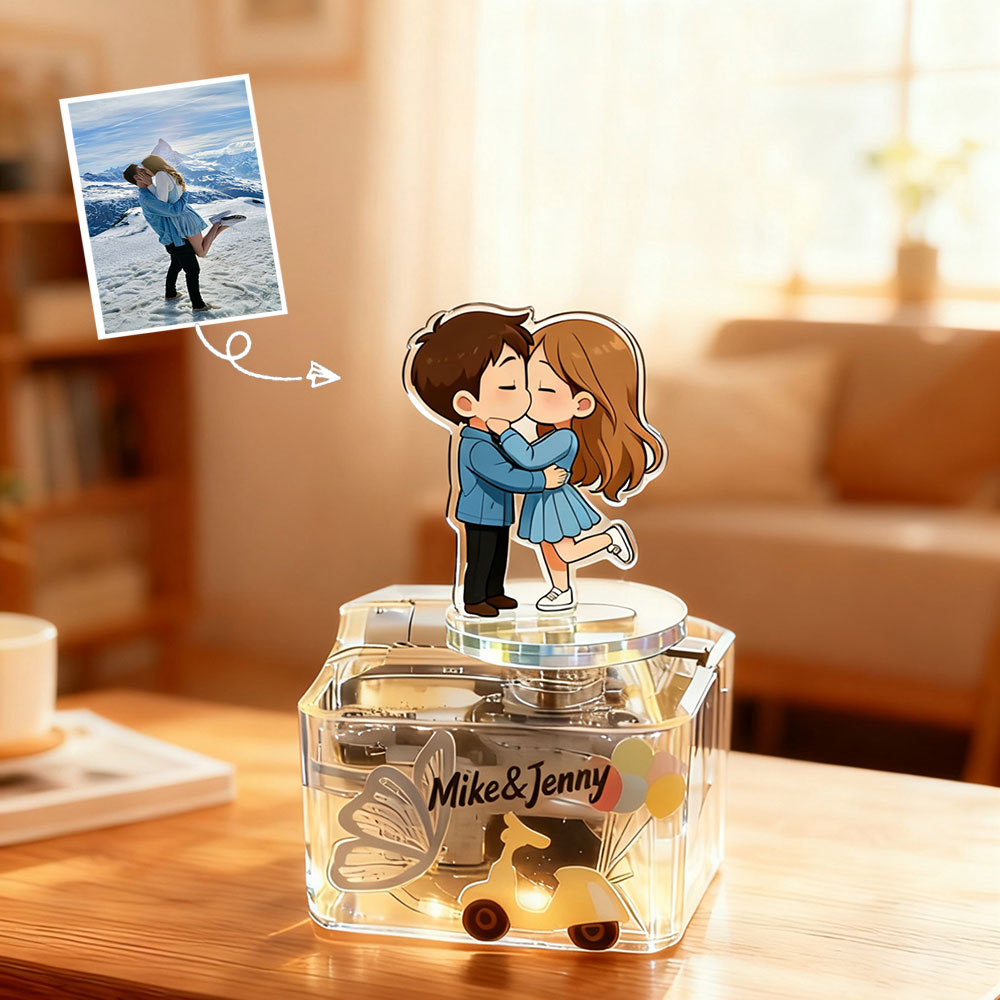 Custom Photo Music Box Figurine – Personalized Cartoon Portrait Ornament Unique Gift for Couples, Family