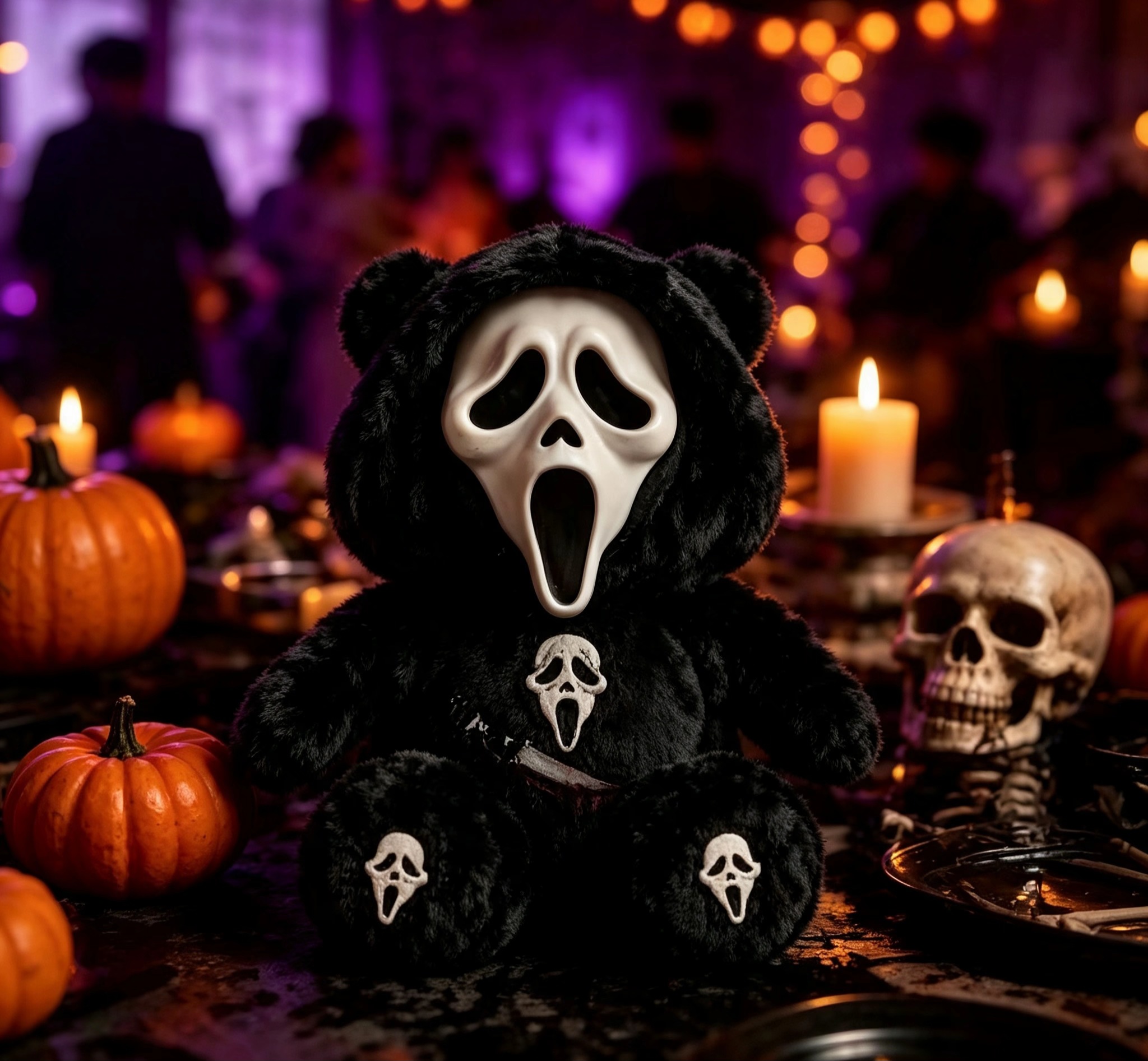 Black Bear With Ghost Face Plush Toy Stuffed Bear Doll Halloween Decor Gift