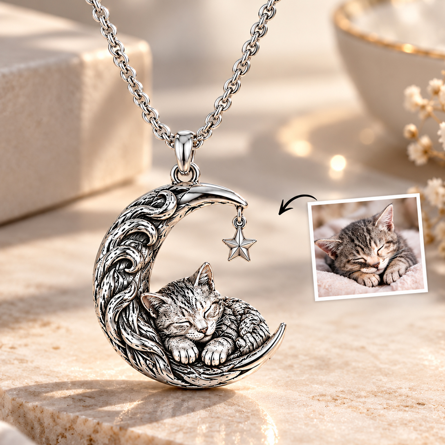Personalized 925 Sterling Silver Custom 3D Sleeping Pet Photo Crescent Moon Necklace Sculpted Cat Dog Pendant Jewelry Gift For Pet Lovers - GiftlabUS