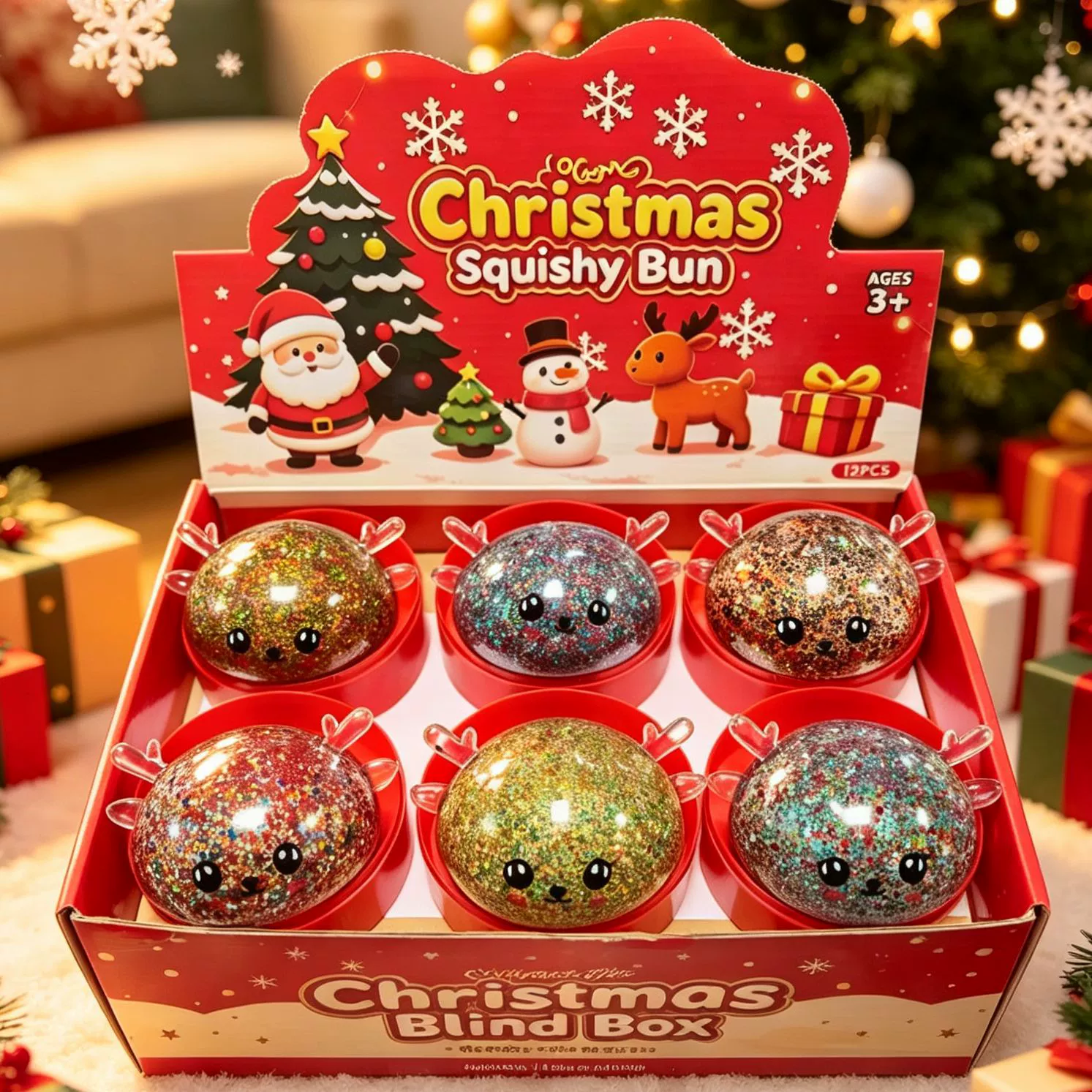 Christmas Series Glitter Bun Squishy Bun Cute Reindeer Bunny Sensory Fidget Toy Single Mystery Box or 6-Pack Full Case