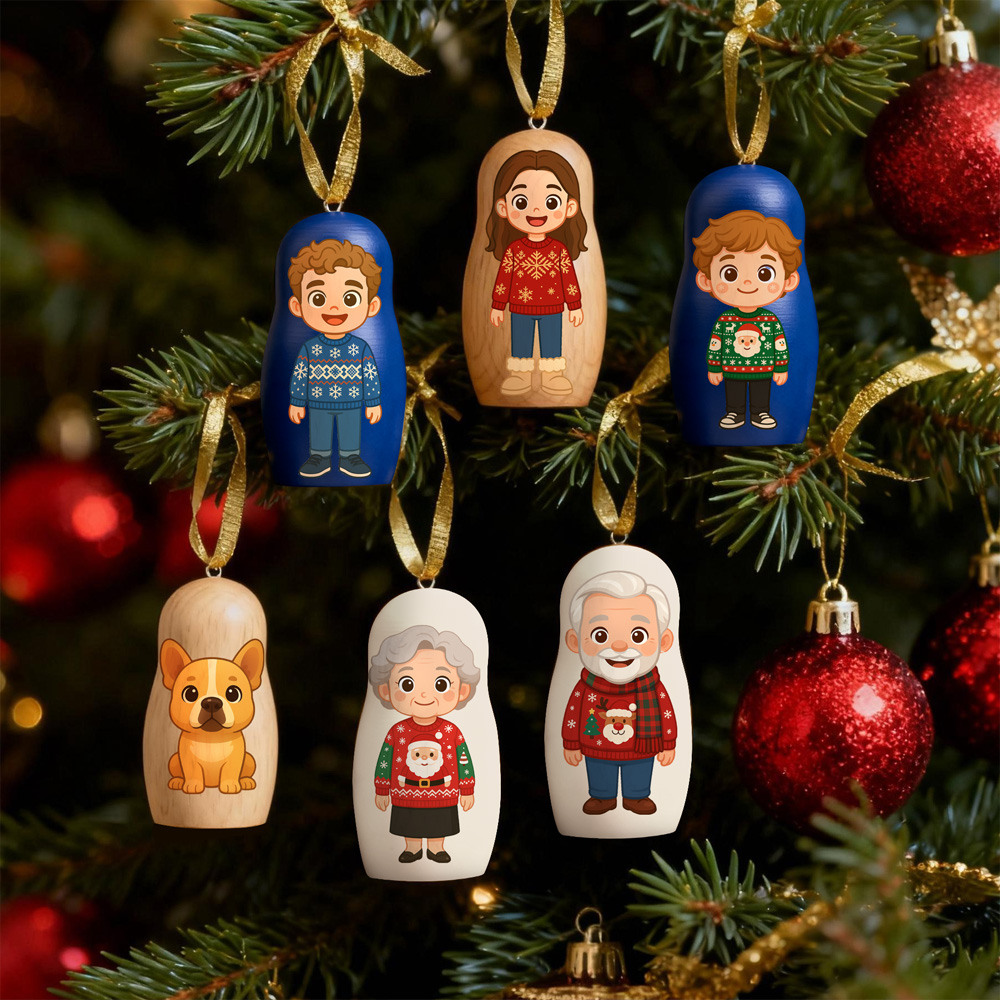 Personalized Cartoon Portrait Nesting Doll Christmas Ornament Custom Photo Mini Matryoshka Decoration Gift