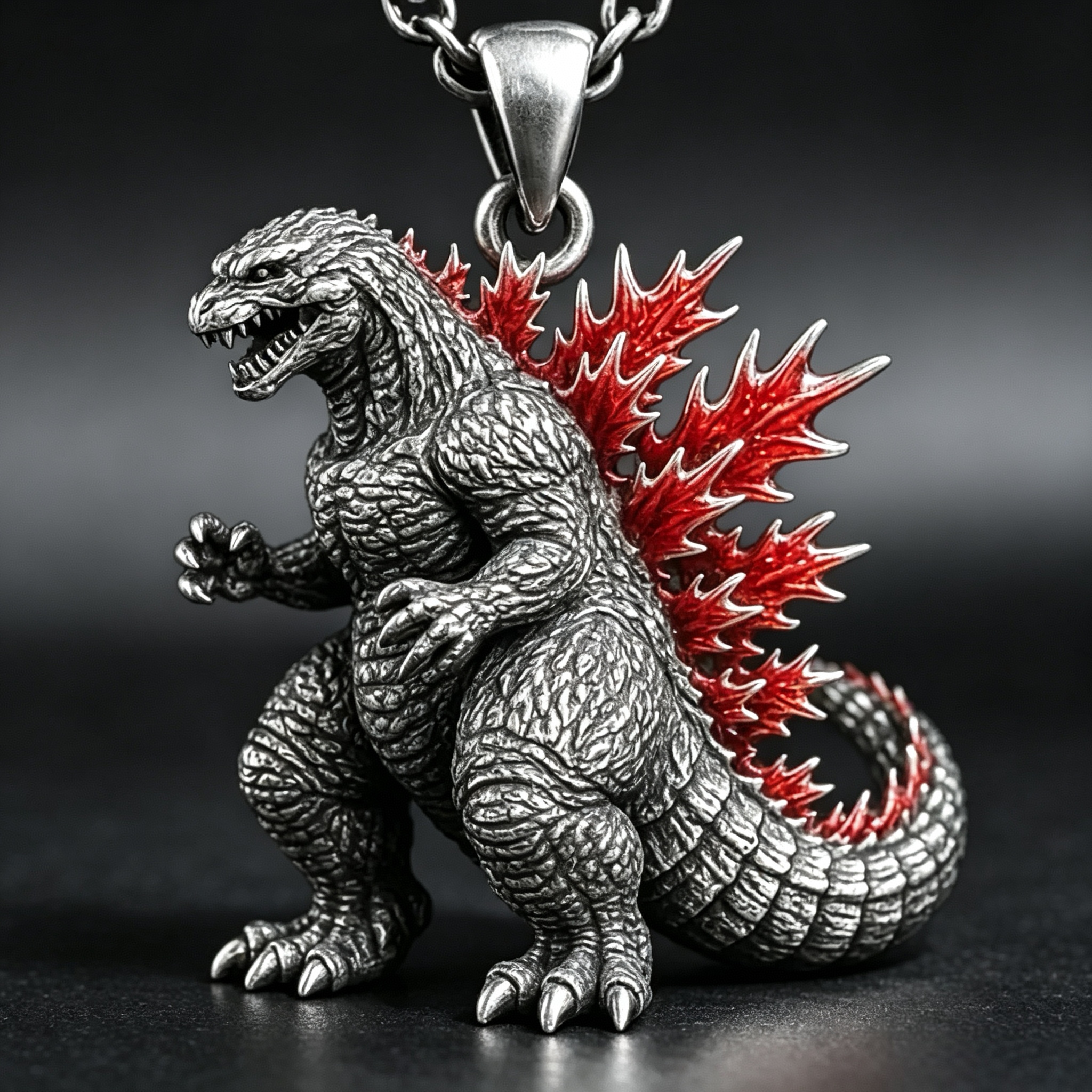 Dinosaur Monster Pendant – Sculptural 925 Sterling Silver with Red Spines & 3D Monster Relief Pendant - namenecklace