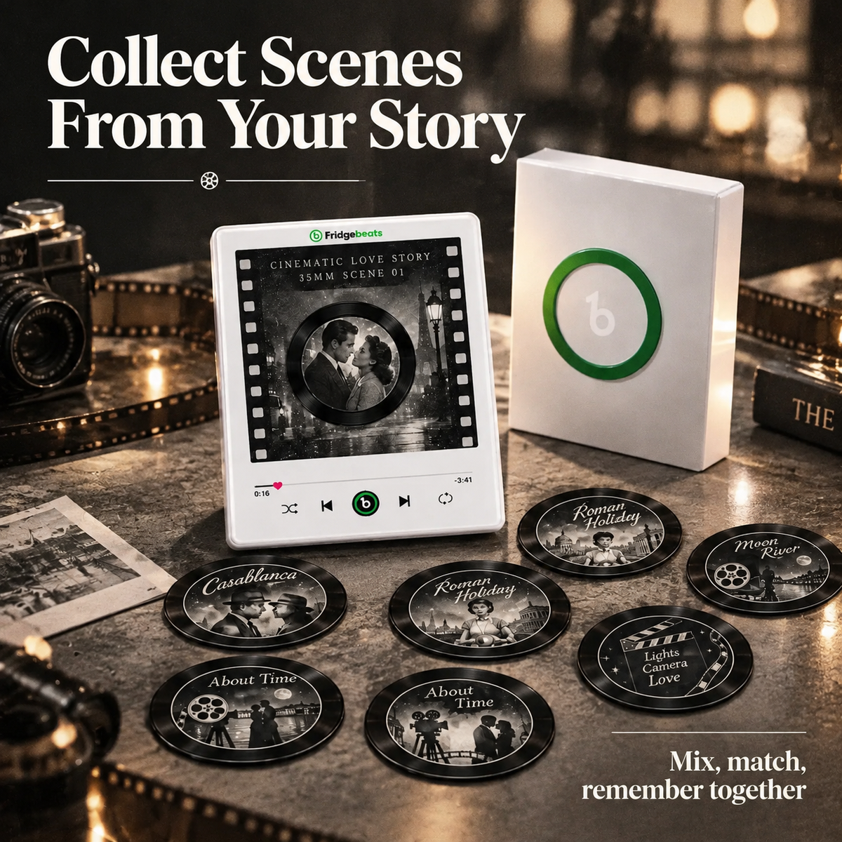 Cinematic Vinyl Record Fridge Magnet Set with NFC Music Player – Holiday Gift for Movie Lovers & Couples