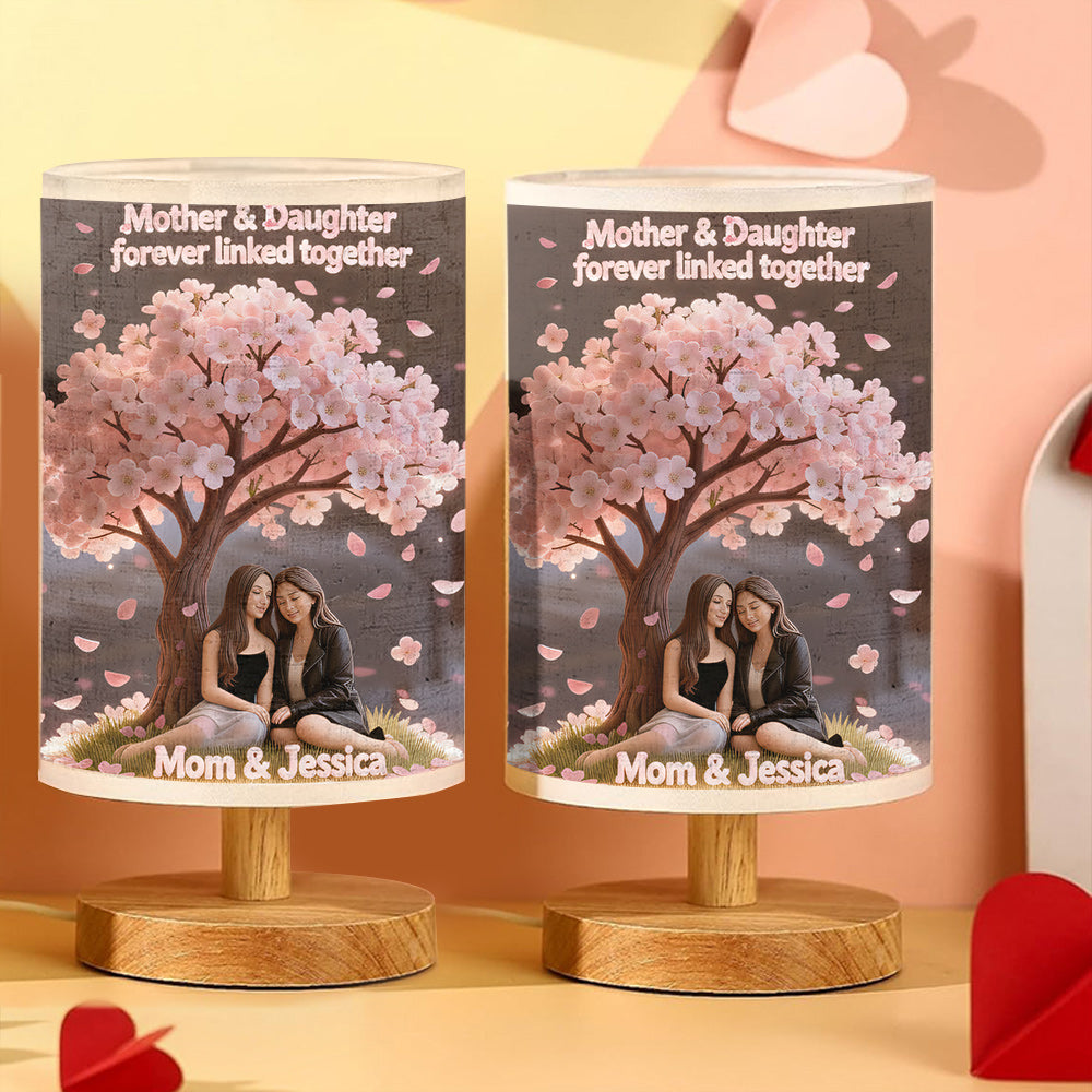 Mother And Daughter Love - Personalized Mother Table Lamp With Wood Base