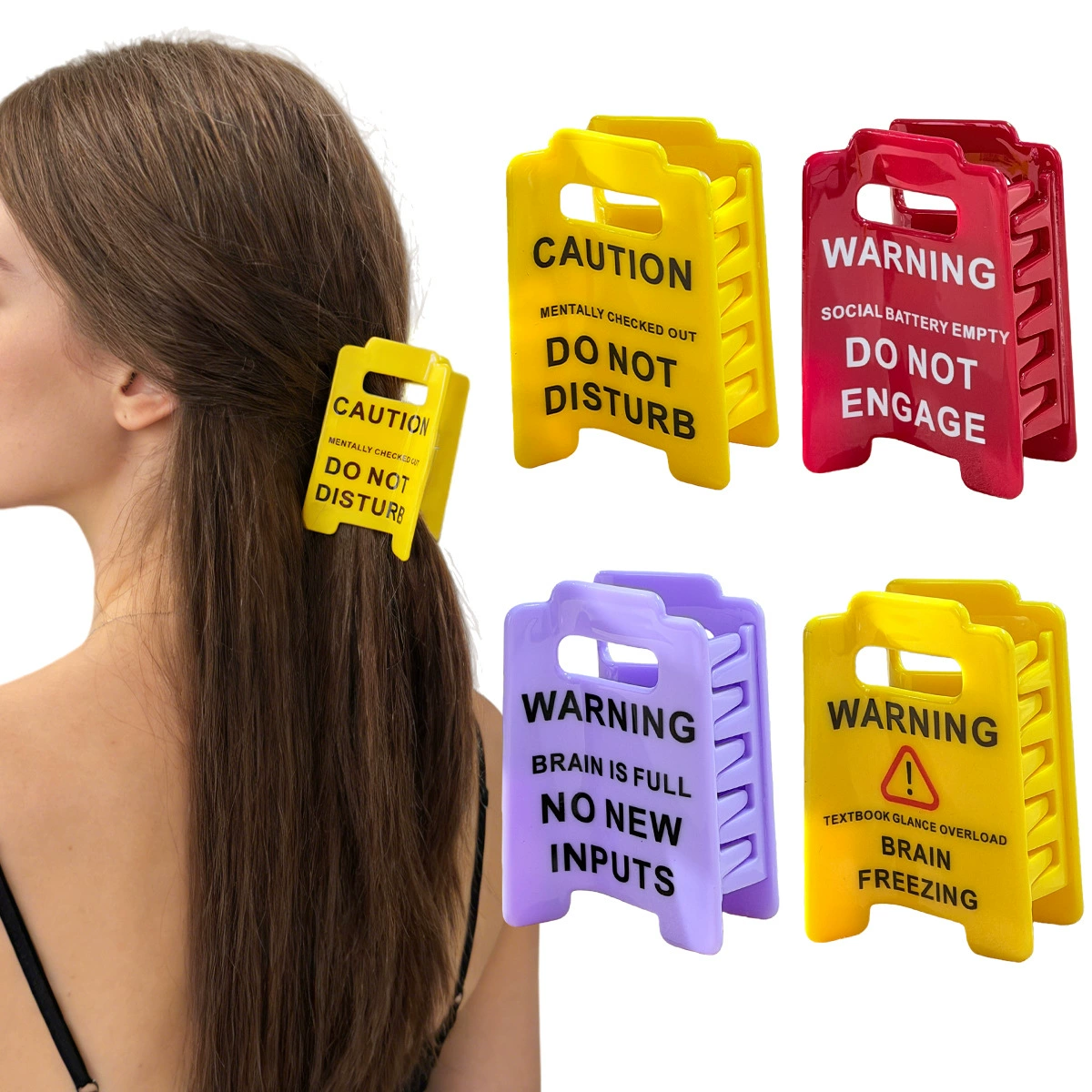Caution Overstimulated Yellow Sign Hair Claw Clip for Women, Wife, GF, BFF, Workers, Warning Message for Safety Awareness Sensory Input