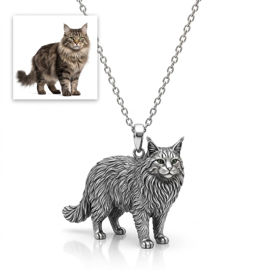 Personalized S925 Sterling Silver 3D Pet Pendant Necklace, Custom Photo to 3D Sculpted Dog & Cat Jewelry, Maine Coon Memorial Gift for Pet Mom - namenecklace