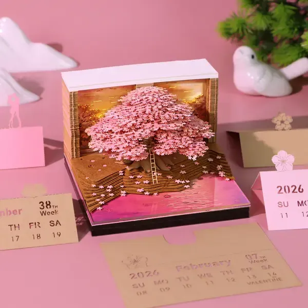 Cross-Border Creative Cultural and Creative Gifts Peach Blossom Forest 2026 Paper Sculpture Calendar Miniature Model Desktop Ornament 3D Stereo Sticky Notes