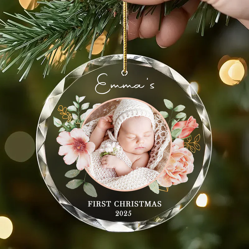 Personalized Baby Photo Ornament Custom Glass Keepsake for First Christmas 2025 Floral Gift for Families