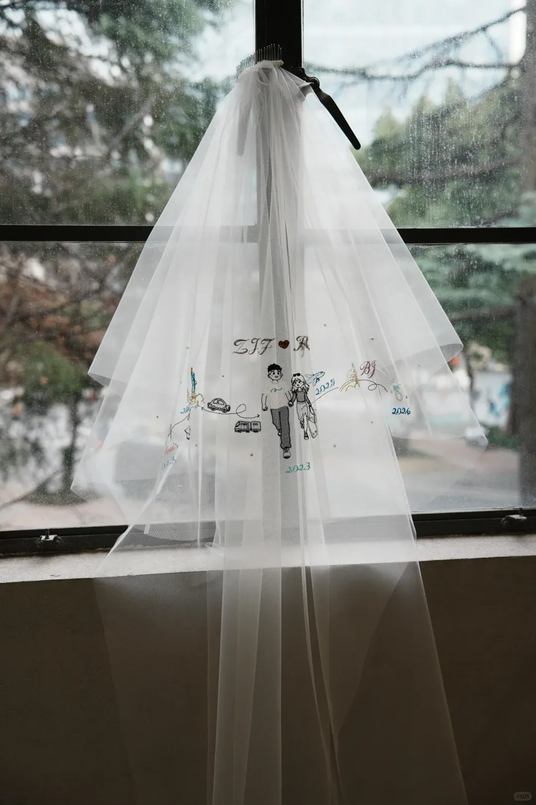 Bespoke Embroidered Bridal Veil – Custom Text, Initials & Floral Monogram Cathedral Length