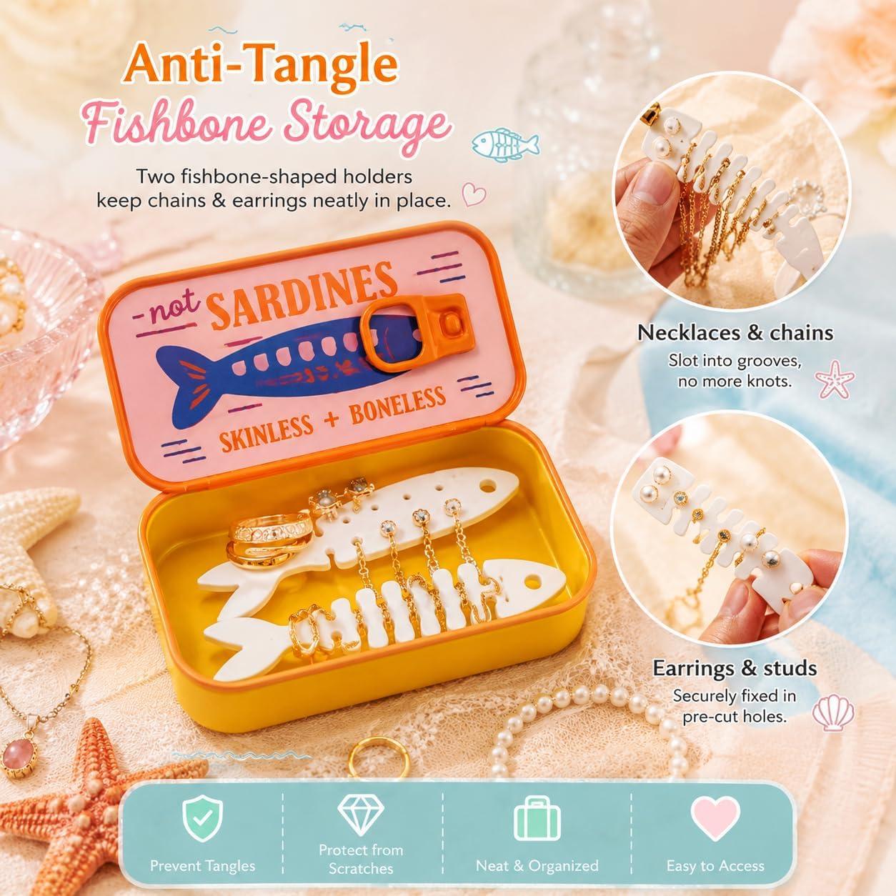 Sardines Travel Jewelry Case, Sardine Tin Jewelry Box, 3d Printed Sardine Tin-Like Jewelry Case, with Fish-Shaped Holders for Rings, Earrings, and Charms, Portable Earring Organizer