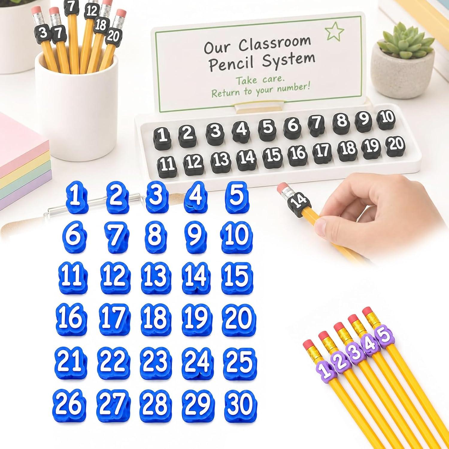 Numbered Pencil Toppers 30/50 PCS Reusable Classroom Pencil Labels Number Pencil Toppers for Classroom Organization