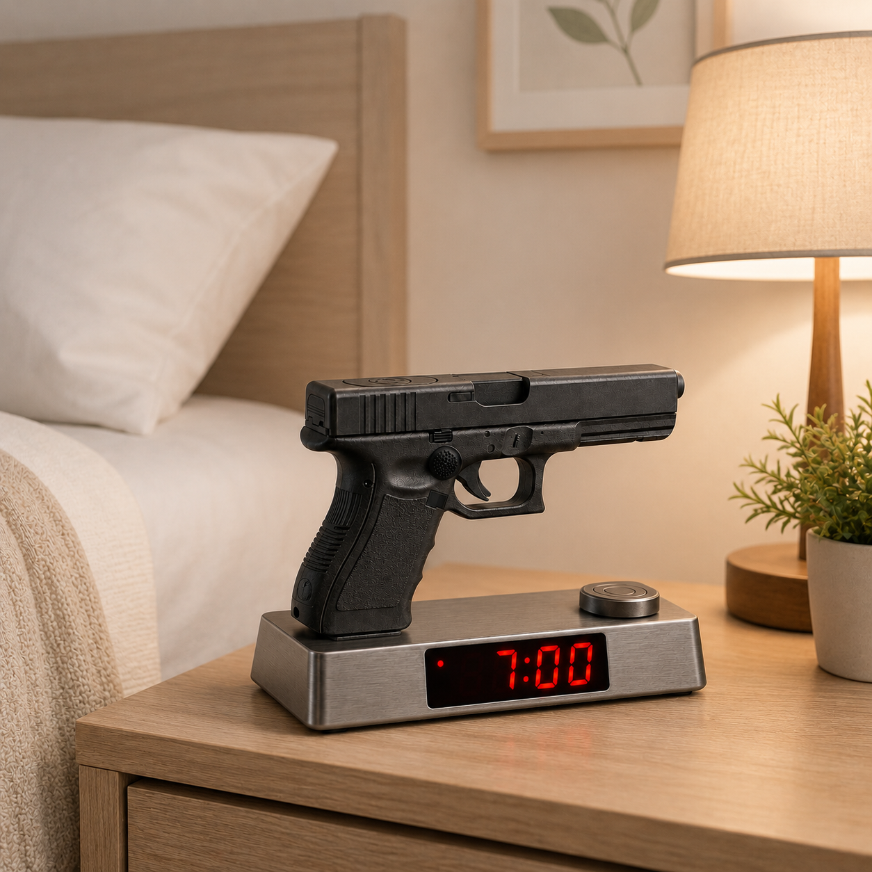 Novelty Pistol Shaped Digital Alarm Clock with Metal Base, Unique Gun Model LED Alarm Clock for Men, Gift for Gun Enthusiasts & Heavy Sleepers