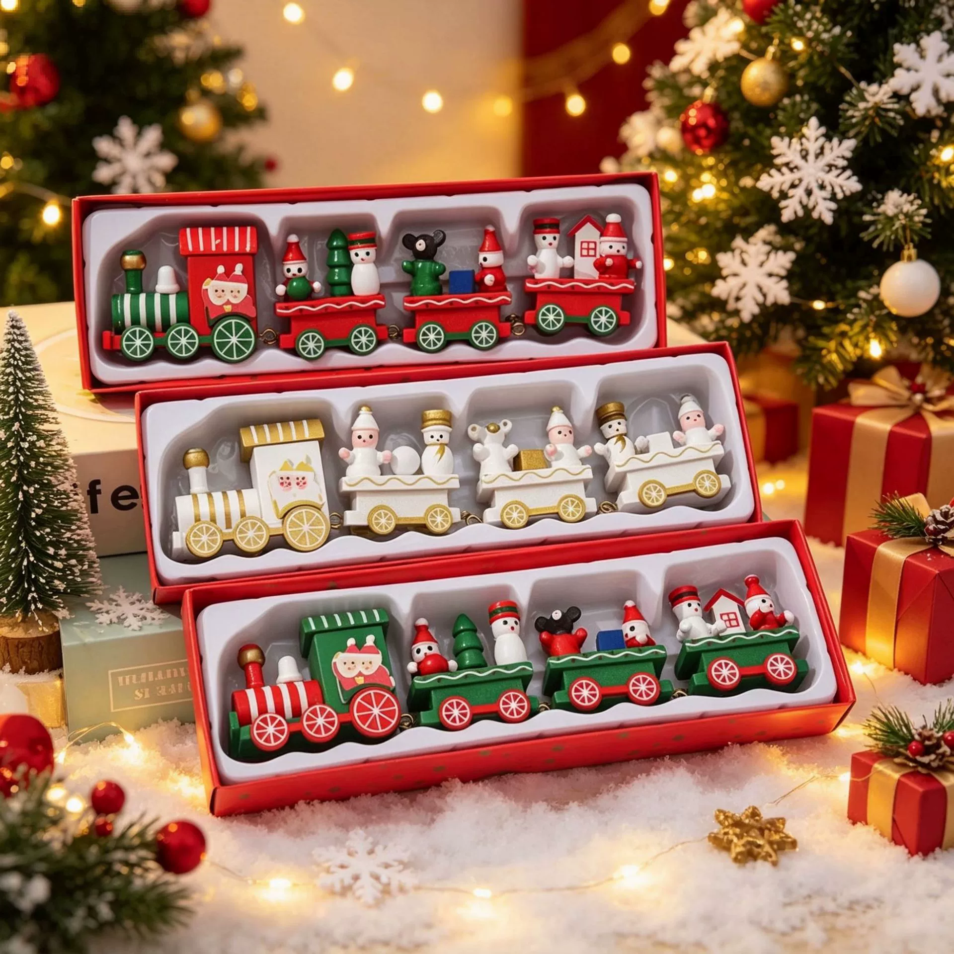 Christmas Wooden Train Mini Desktop Holiday Decoration Tabletop Ornament Crafts for Xmas Decor Kids Party Gifts