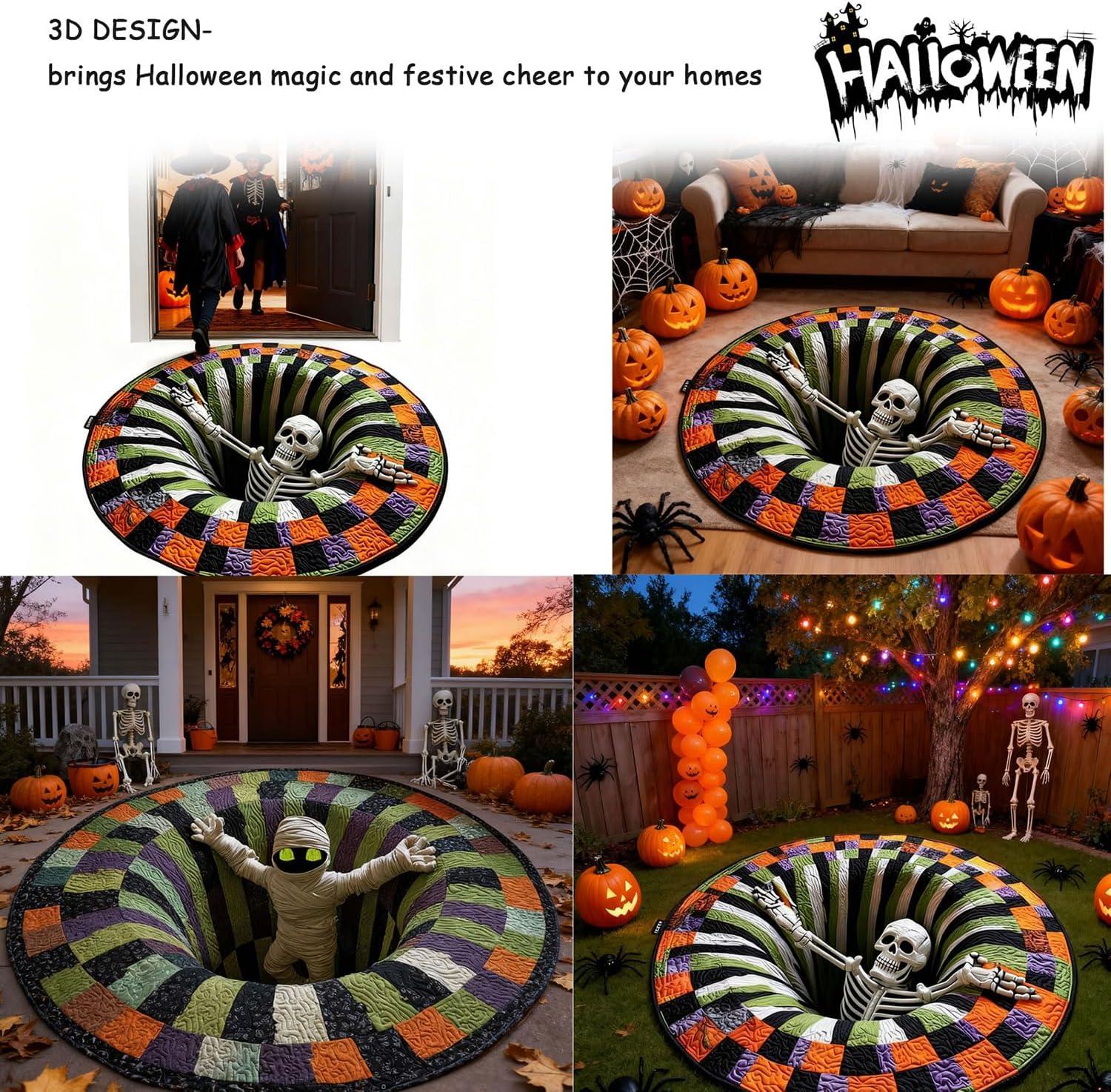 Spooky 3D Vortex Skeleton Halloween Round Rug Optical Illusion Floor Mat