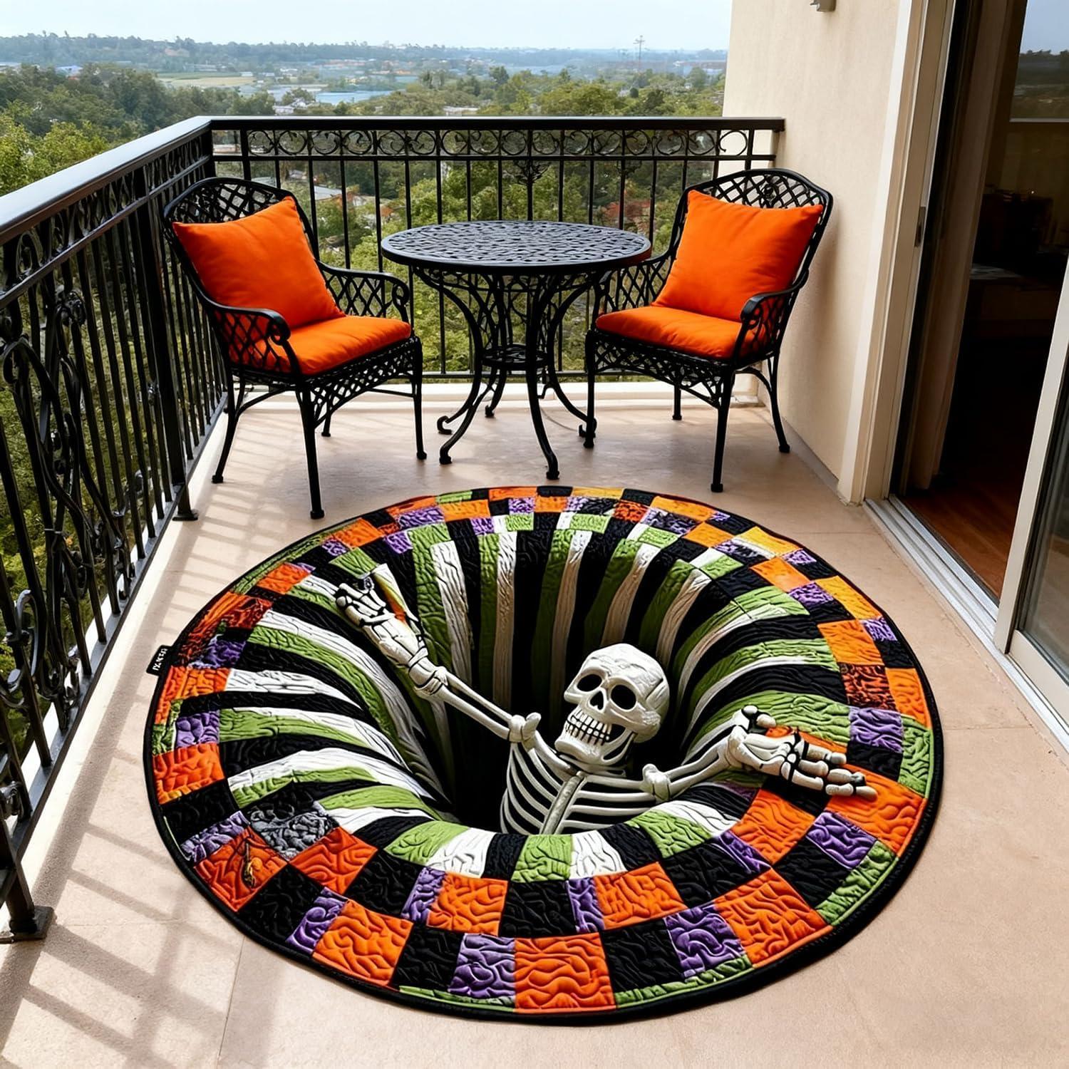 Spooky 3D Vortex Skeleton Halloween Round Rug Optical Illusion Floor Mat