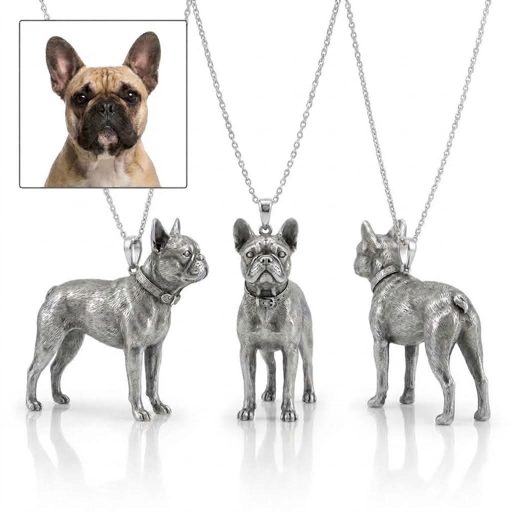 Personalized S925 Sterling Silver 3D Pet Pendant Necklace, Custom Photo to 3D Sculpted Dog & Cat Jewelry, French Bulldog Memorial Gift for Pet Mom - namenecklace
