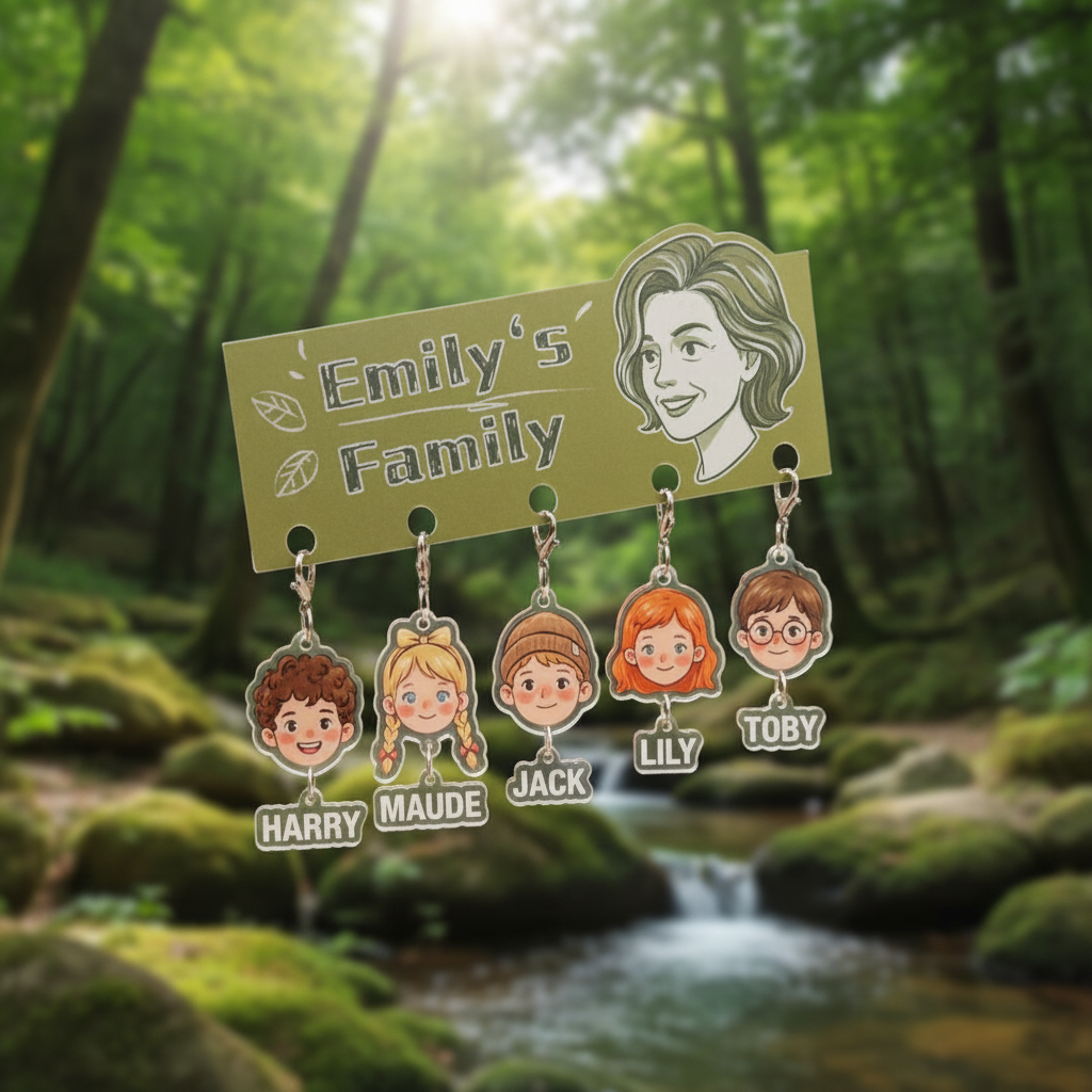 Custom Family Acrylic Hanging Charm – Personalized Cartoon Portrait Keychain / Ornament