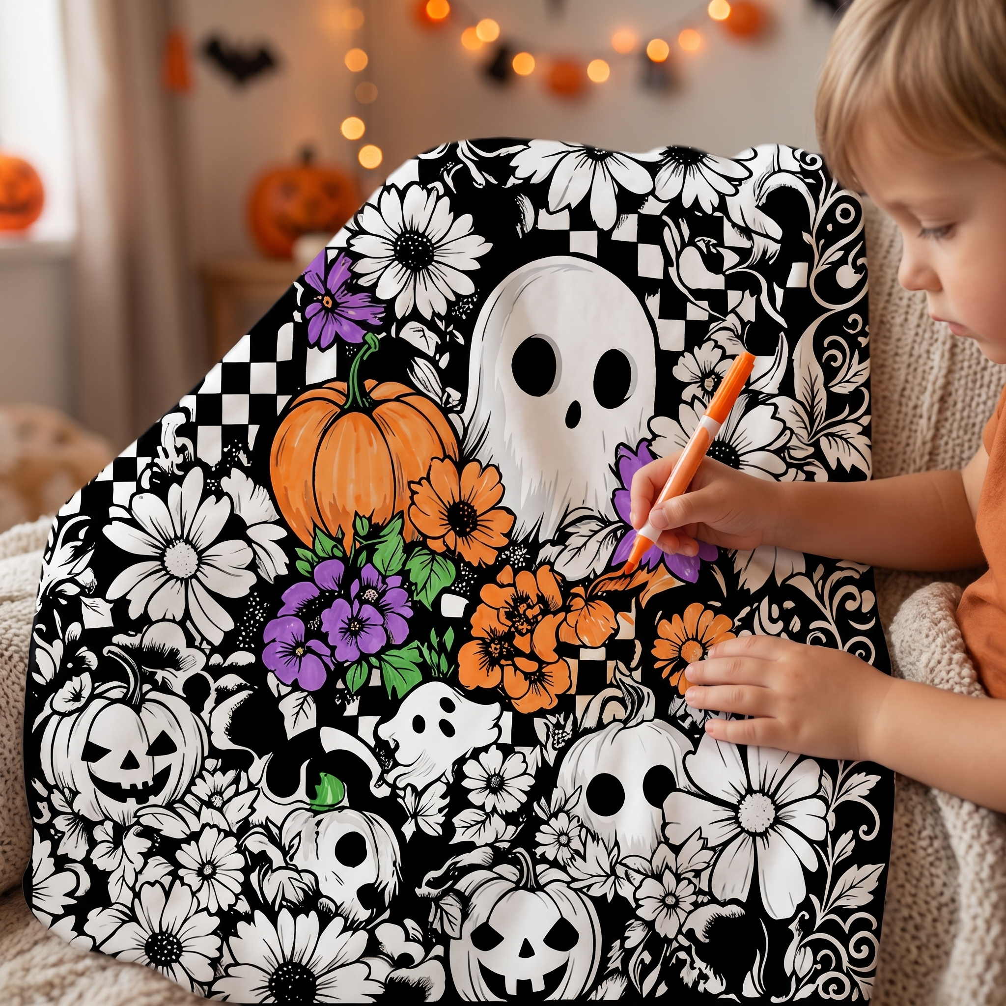 DIY Halloween Custe Ghost Drawing Blanket (Optional 24-Color Marker Set) Create Your Art Blanket Washable Keepsake Blanket for Kids & Adults
