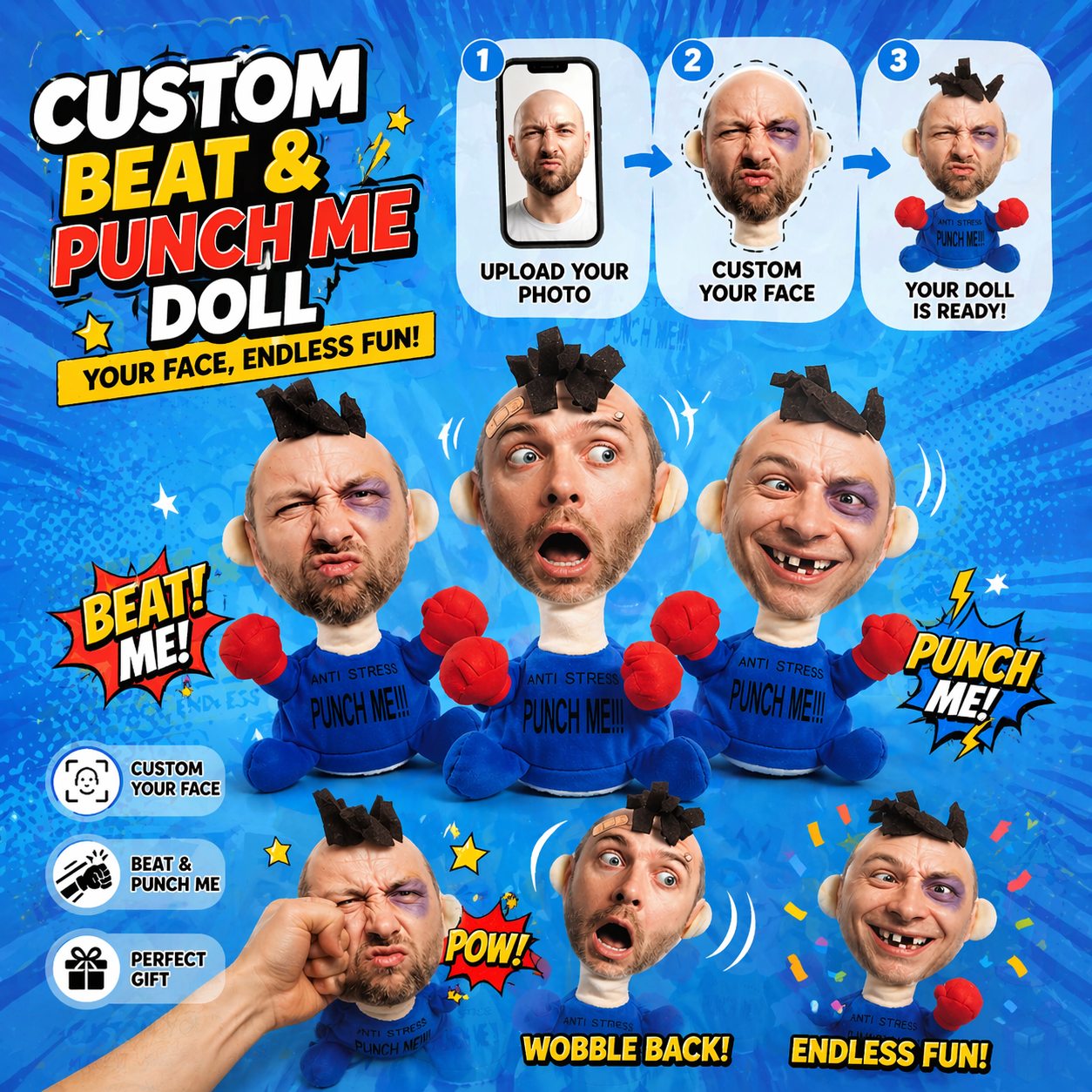 Custom Beat & Punch Me Doll – Scream Little Man, Sand Sculpture Stress Toy, Beaten Boy & Girl for Aggressive Release