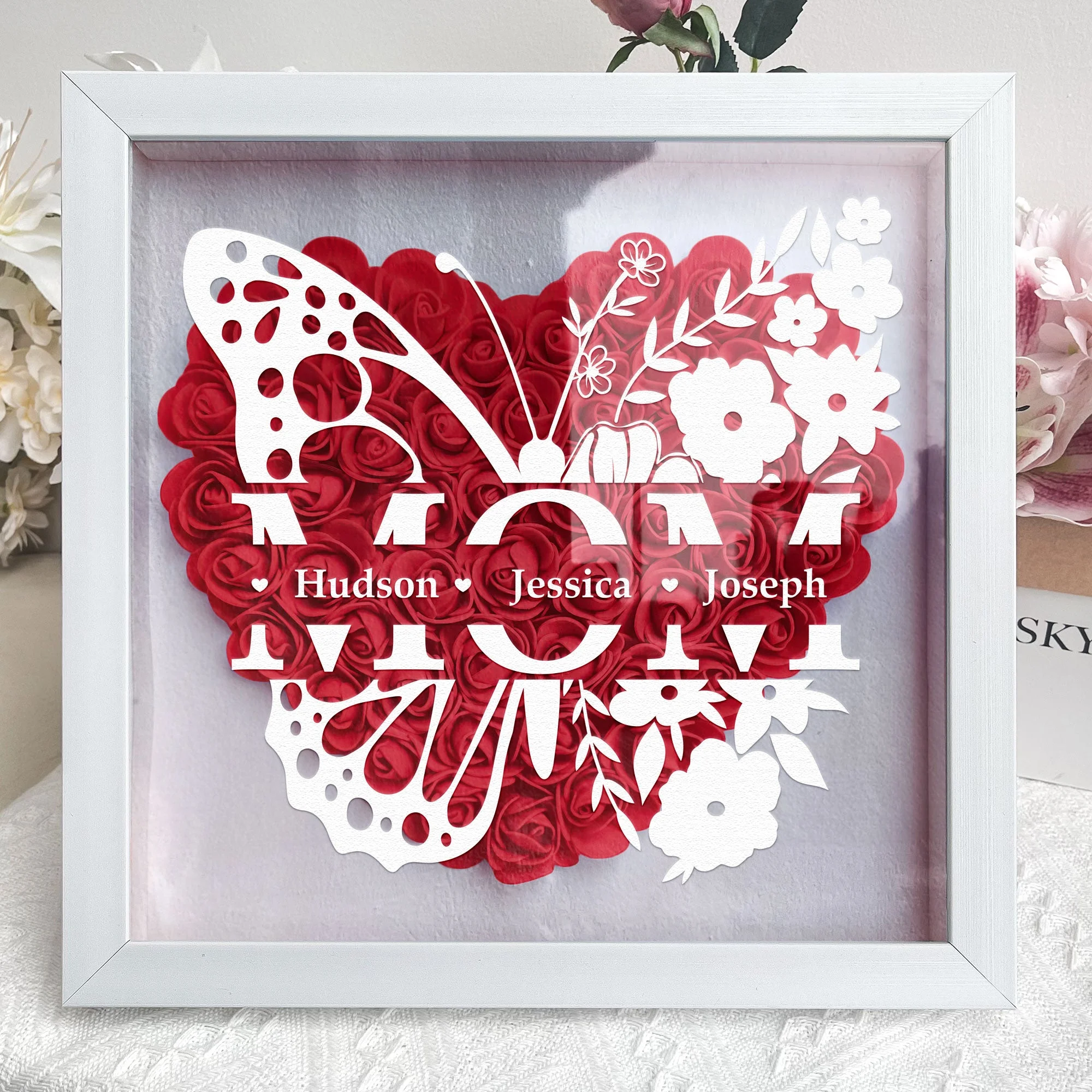 Personalized Butterfly Version Flower Shadow Box - Gift For Mom Custom Children Names - Giftlab