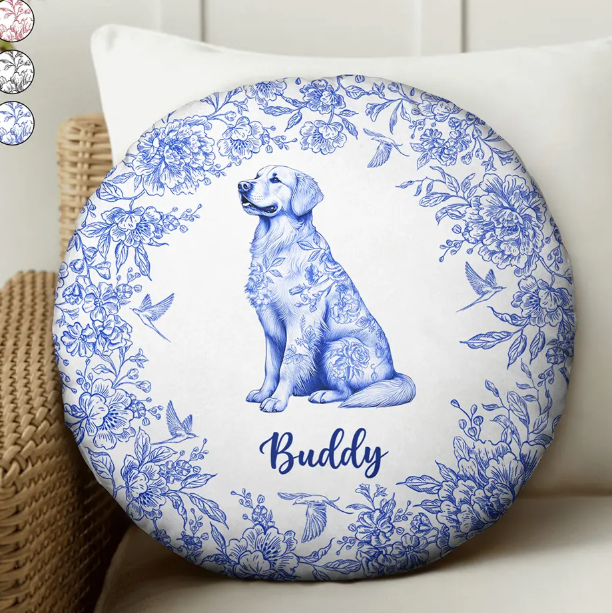 Chinoiserie Toile De Jouy Dog - Personalized Round Pillow Cover