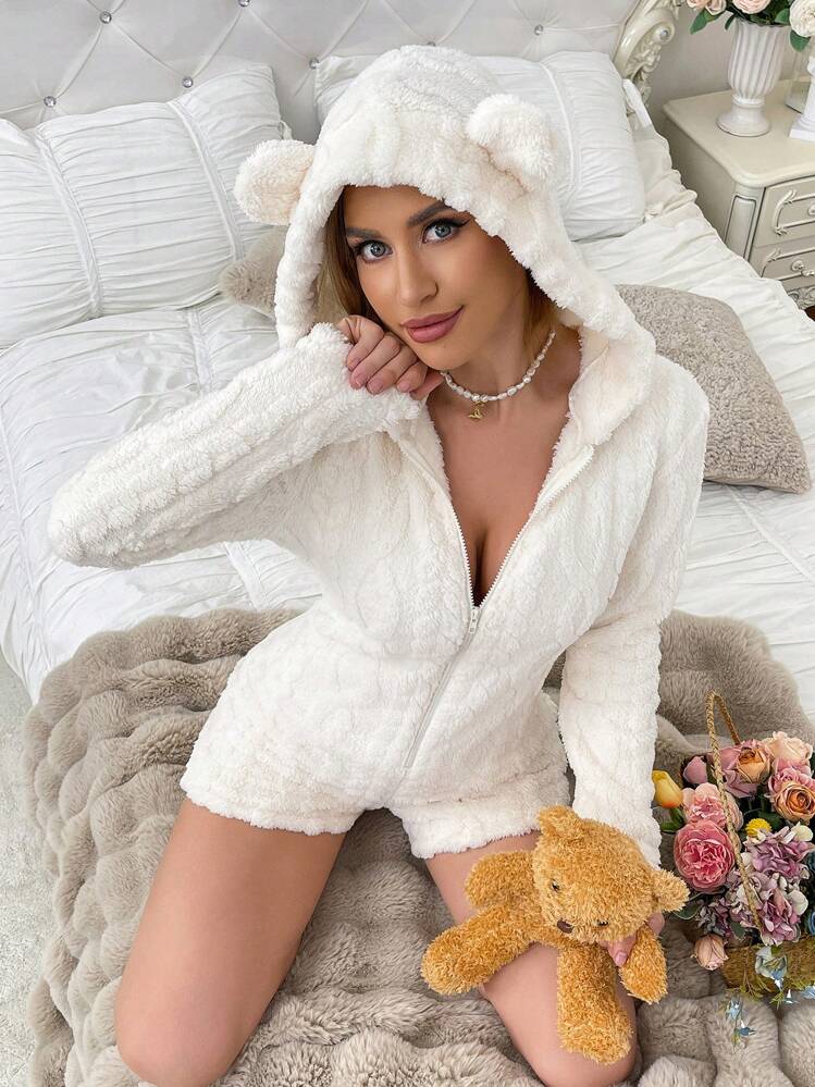 Animal Shaped Hooded Bear Embroidered Plush Fluffy Rompers For Women  Cozy And Elegant Details, For Fall Winter