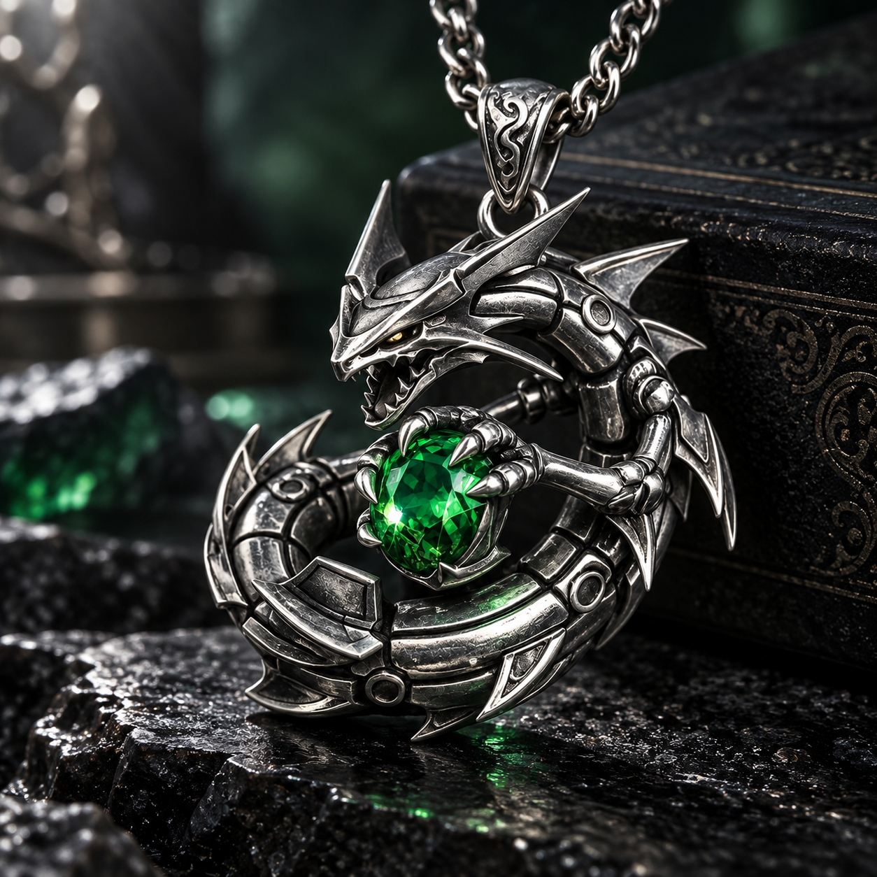 Mecha Coiled Dragon Emerald Pendant – Sculptural 925 Sterling Silver with Encircling Mecha Dragon, Vibrant Emerald Centerpiece & Armored Scale Plating - namenecklace