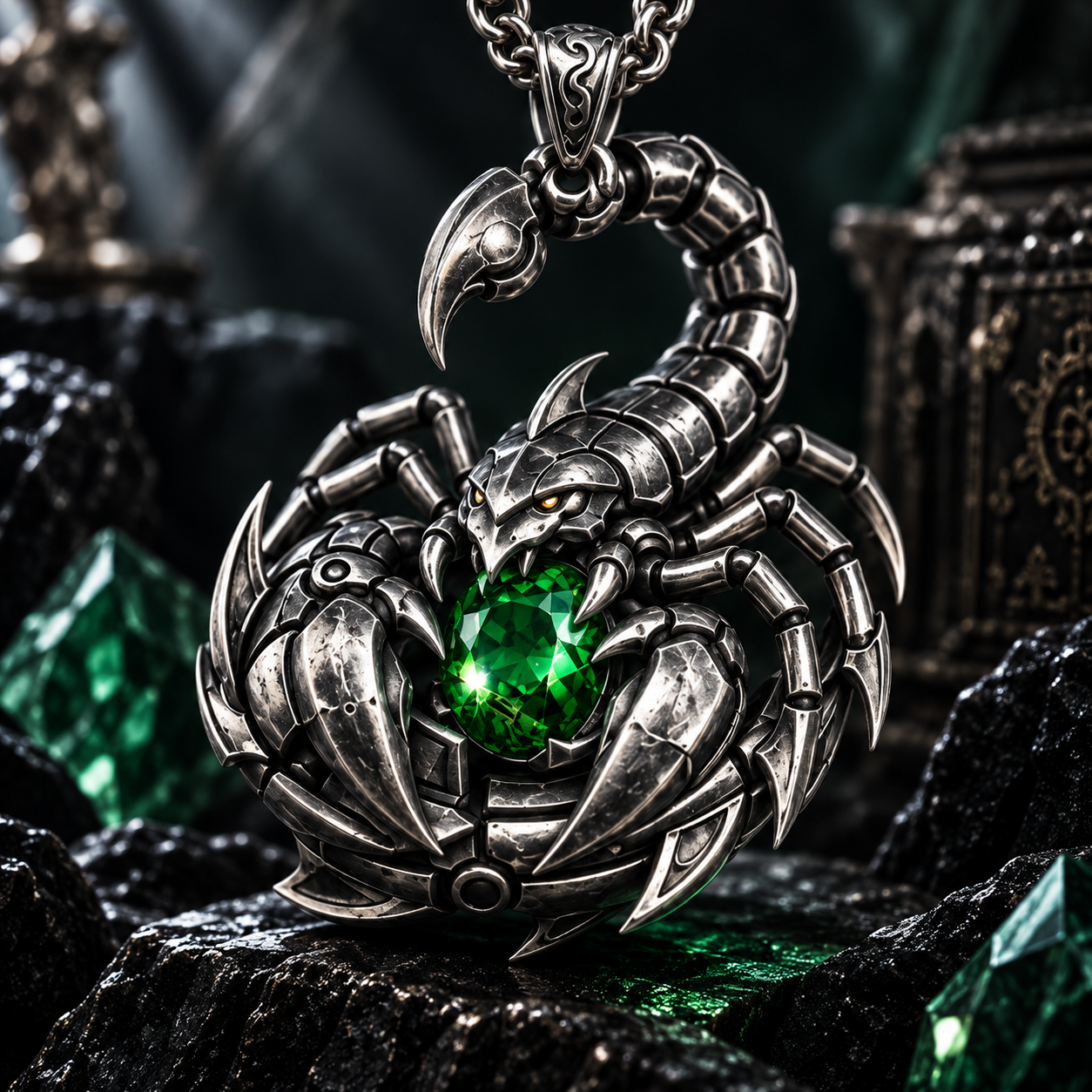 Mecha Coiled Dragon Emerald Pendant – Sculptural 925 Sterling Silver with Encircling Mecha Dragon, Vibrant Emerald Centerpiece & Armored Scale Plating - namenecklace