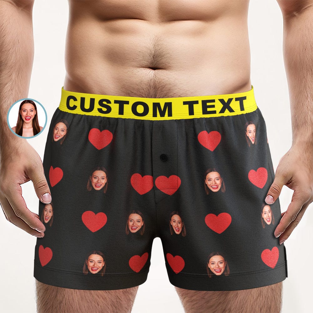 Custom Face Red Heart Design Boxer Shorts with Personalized Text on the Waistband Personalized Underwear for Him - Giftlab