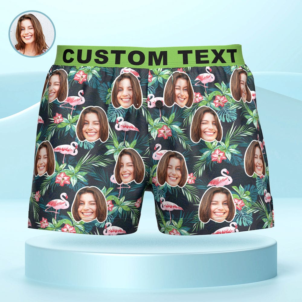 Custom Face Colorful Flamingo Boxer Shorts Personalized Waistband Casual Underwear for Him - Giftlab
