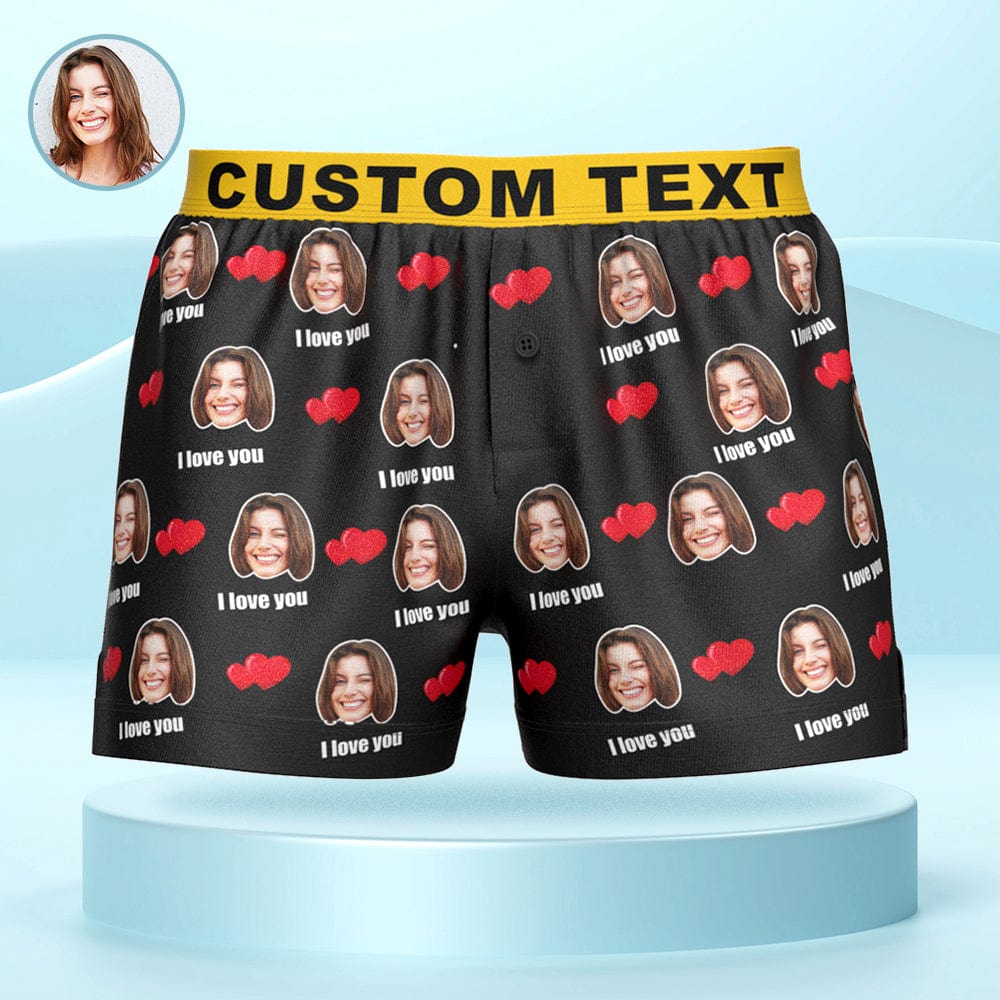 Custom Face I Love You Boxer Shorts with Personalized Text on the Waistband Personalized Underwear for Him - Giftlab