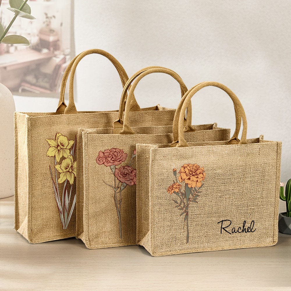 Personalized Birth Flower Beach Jute Tote Bag with Name Birthday Wedding Party Gifts for Women - Giftlab