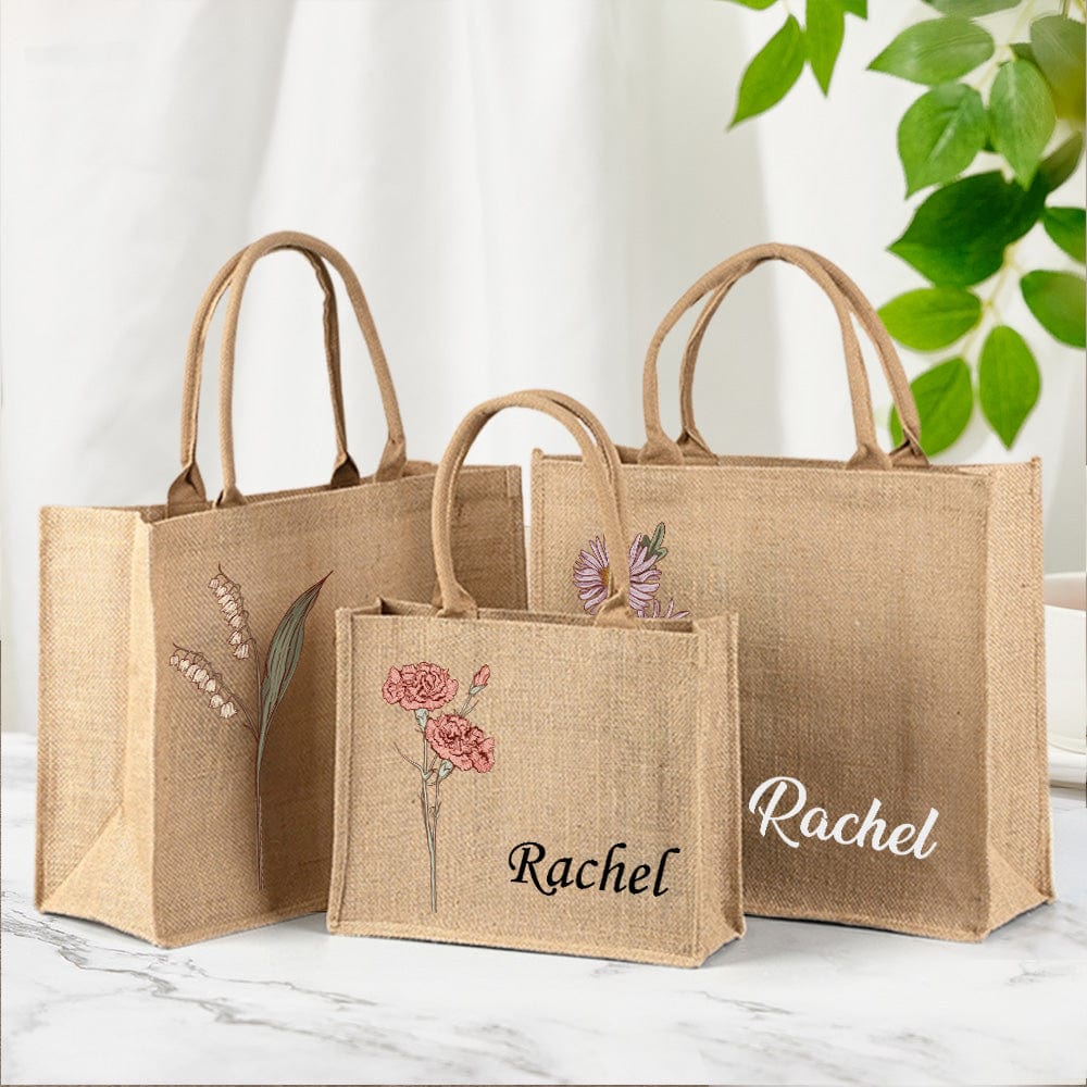 Personalized Birth Flower Beach Jute Tote Bag with Name Birthday Wedding Party Gifts for Women - Giftlab