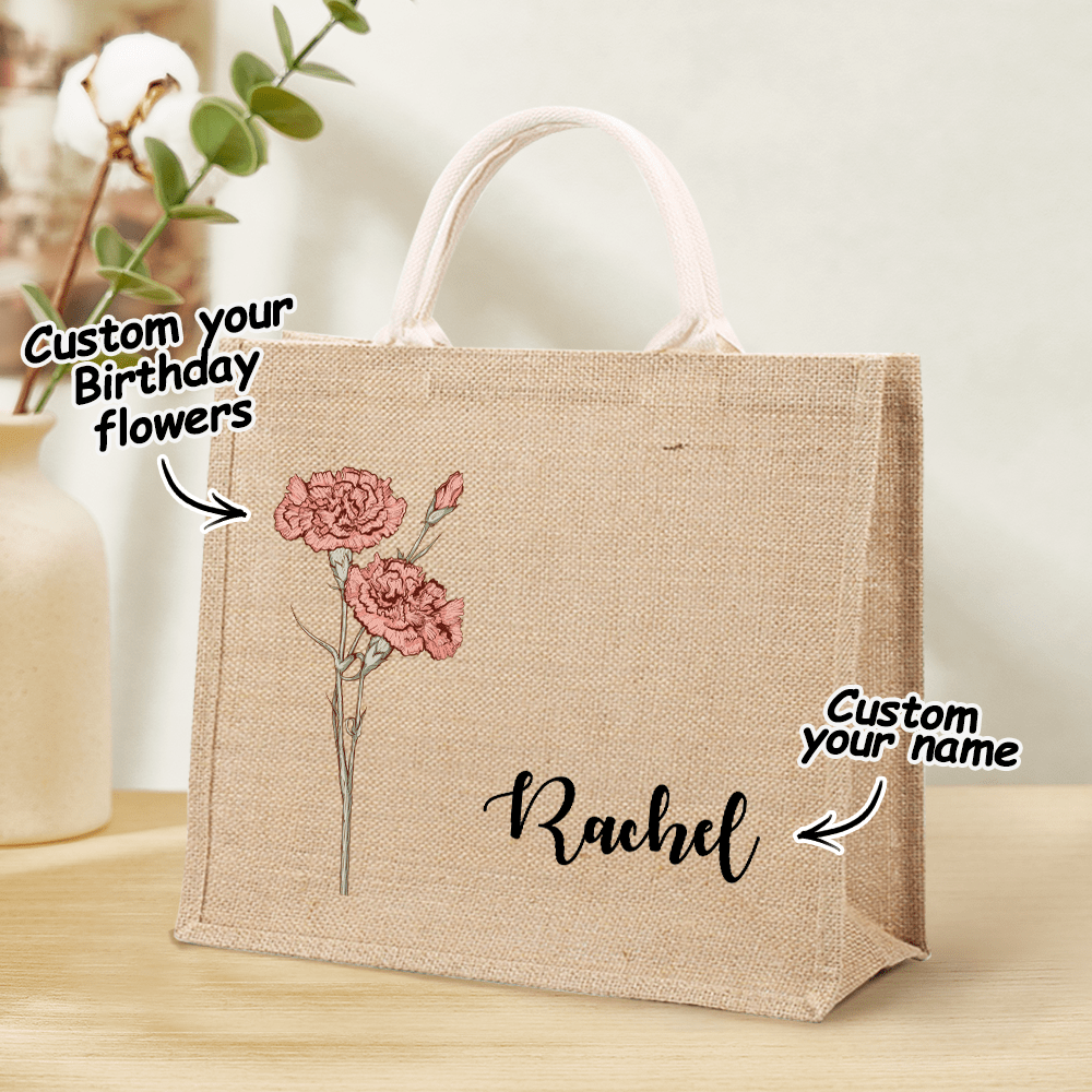 Personalized Birth Flower Beach Jute Tote Bag with Name Birthday Wedding Party Gifts for Her - Giftlab